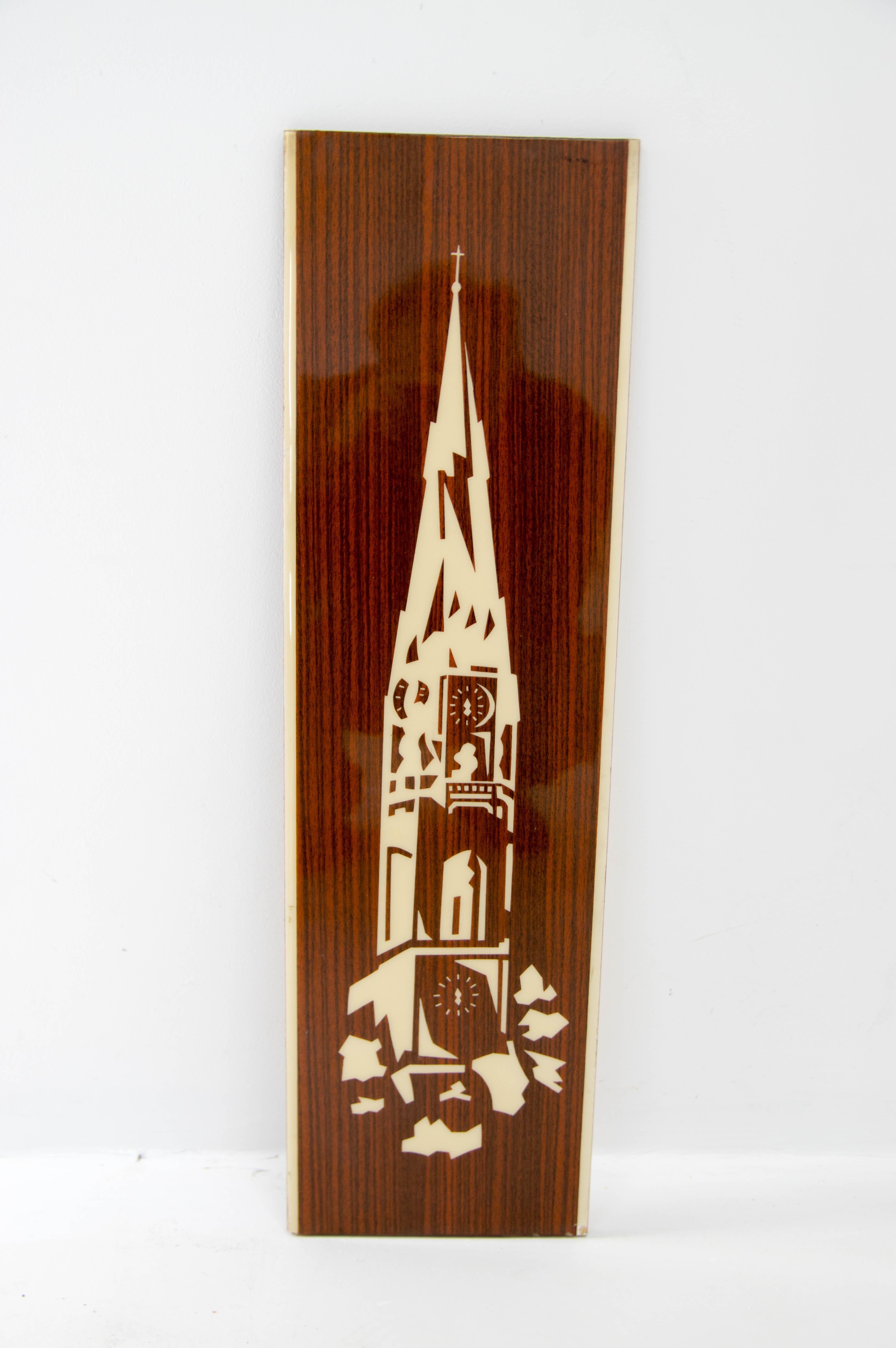 Slovak Veneer Image of Church Tower, 1960s For Sale