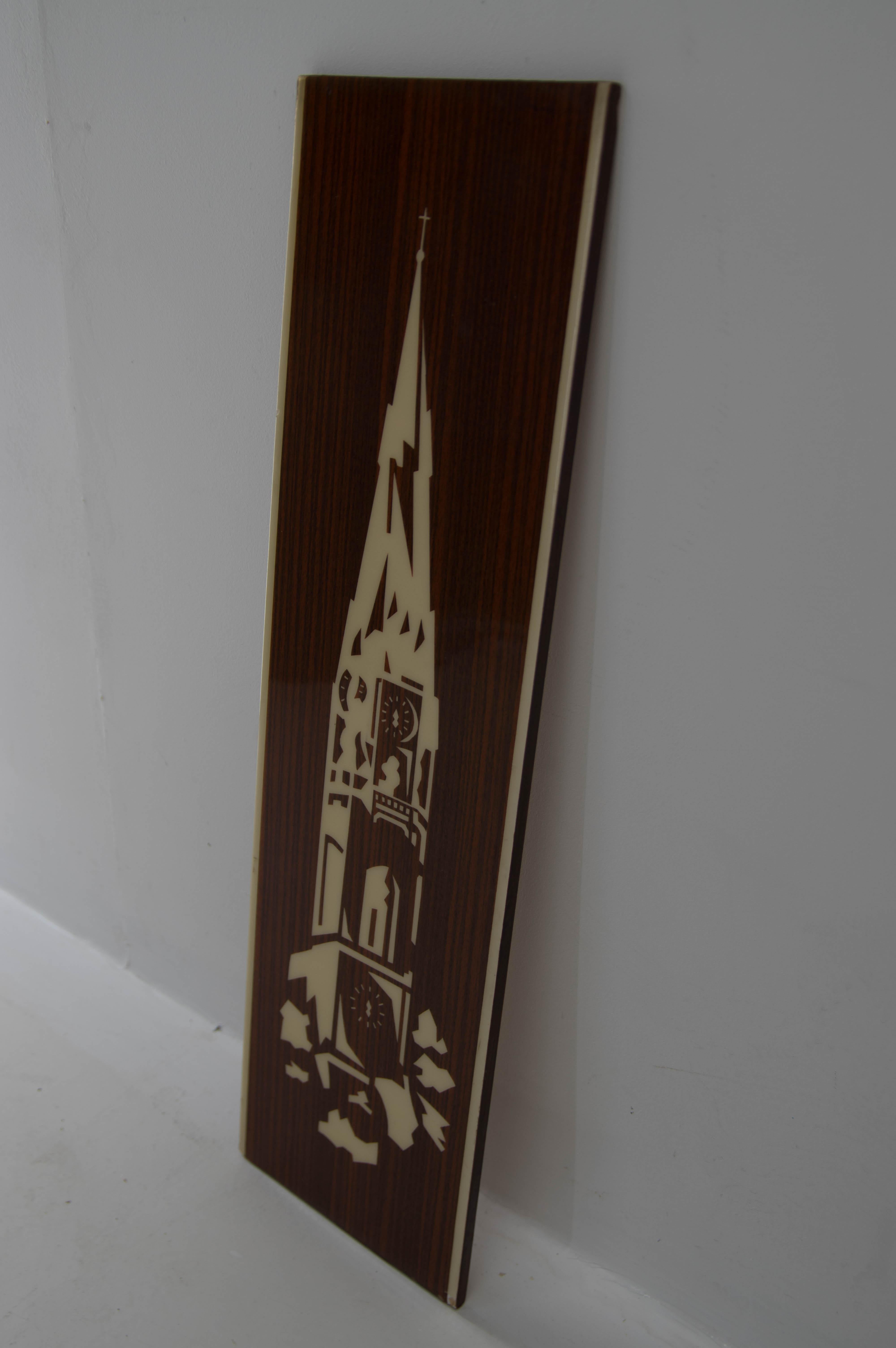 Veneer Image of Church Tower, 1960s In Good Condition For Sale In Praha, CZ