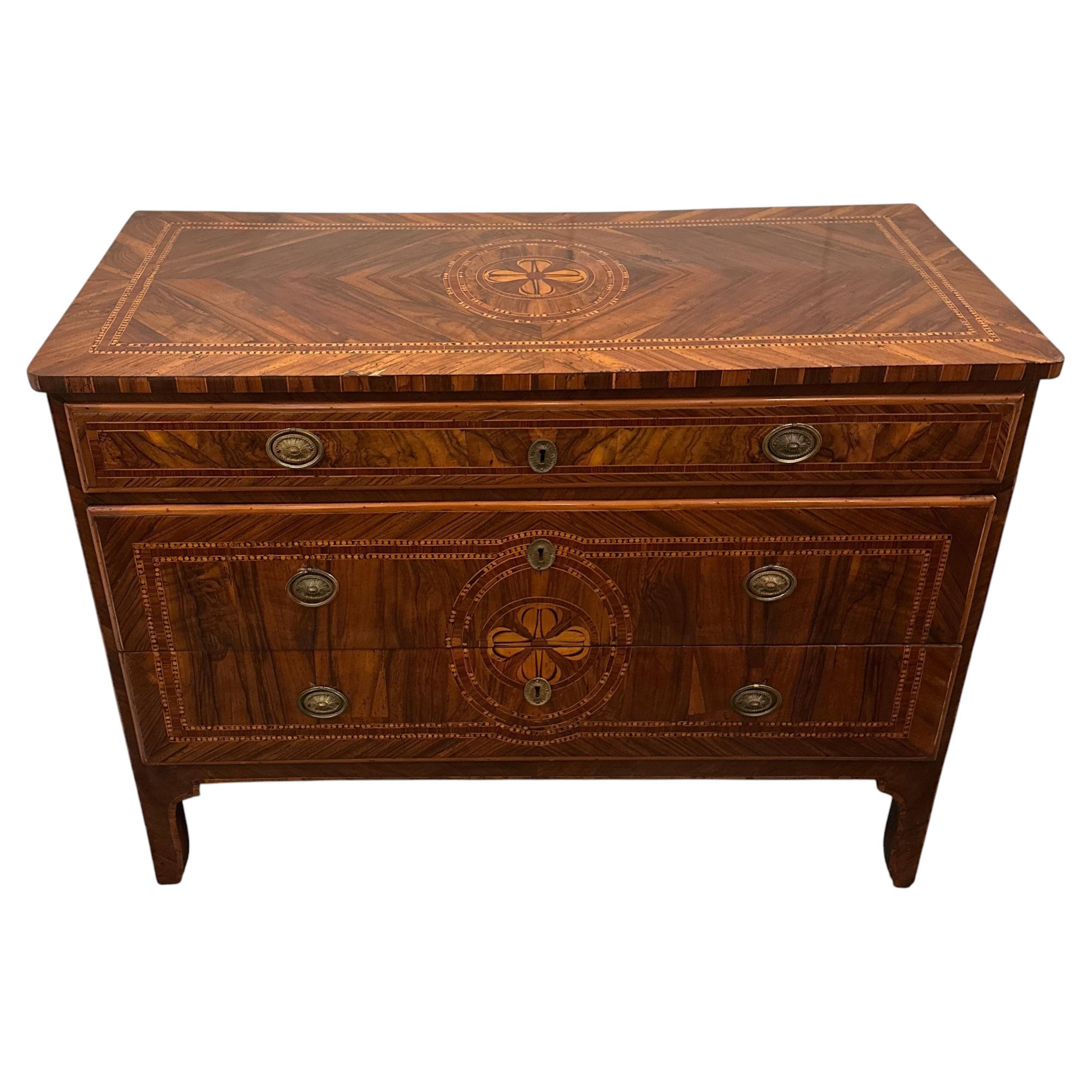 Veneered and Inlaid Walnut Three-Drawer Chest Naples, Italy, Circa 1850