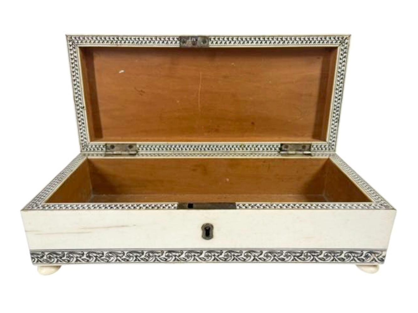 Metal Veneered Footed Sandalwood Glove Box with Penwork Decoration, Vizagapatam, India For Sale