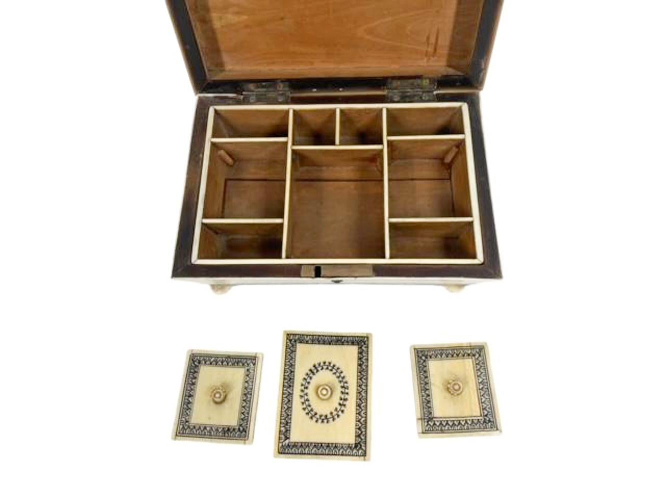 Furnierter Sandalenholz- Nähkasten mit Fuß und Federdekoration, Vizagapatam, Indien im Angebot 2