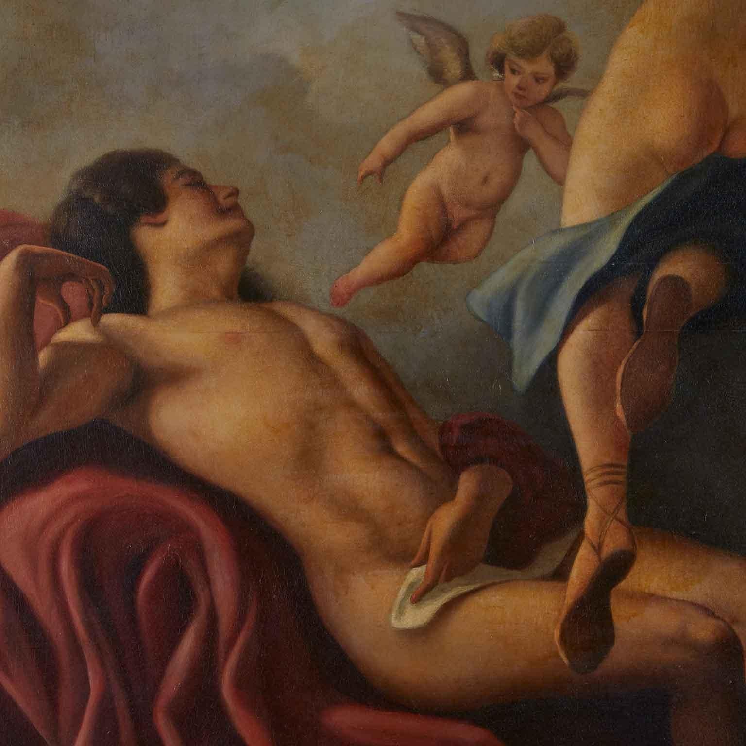 Grande Dipinto Italiano raffigurante Cupido e Psiche del pittore milanese Marasso Armando 1899-1988. Dipinto ad olio su tela del 1950 circa raffigurante le figure mitologiche di Amore, Cupido e Psiche,  circondate da nuvole, la fanciulla è