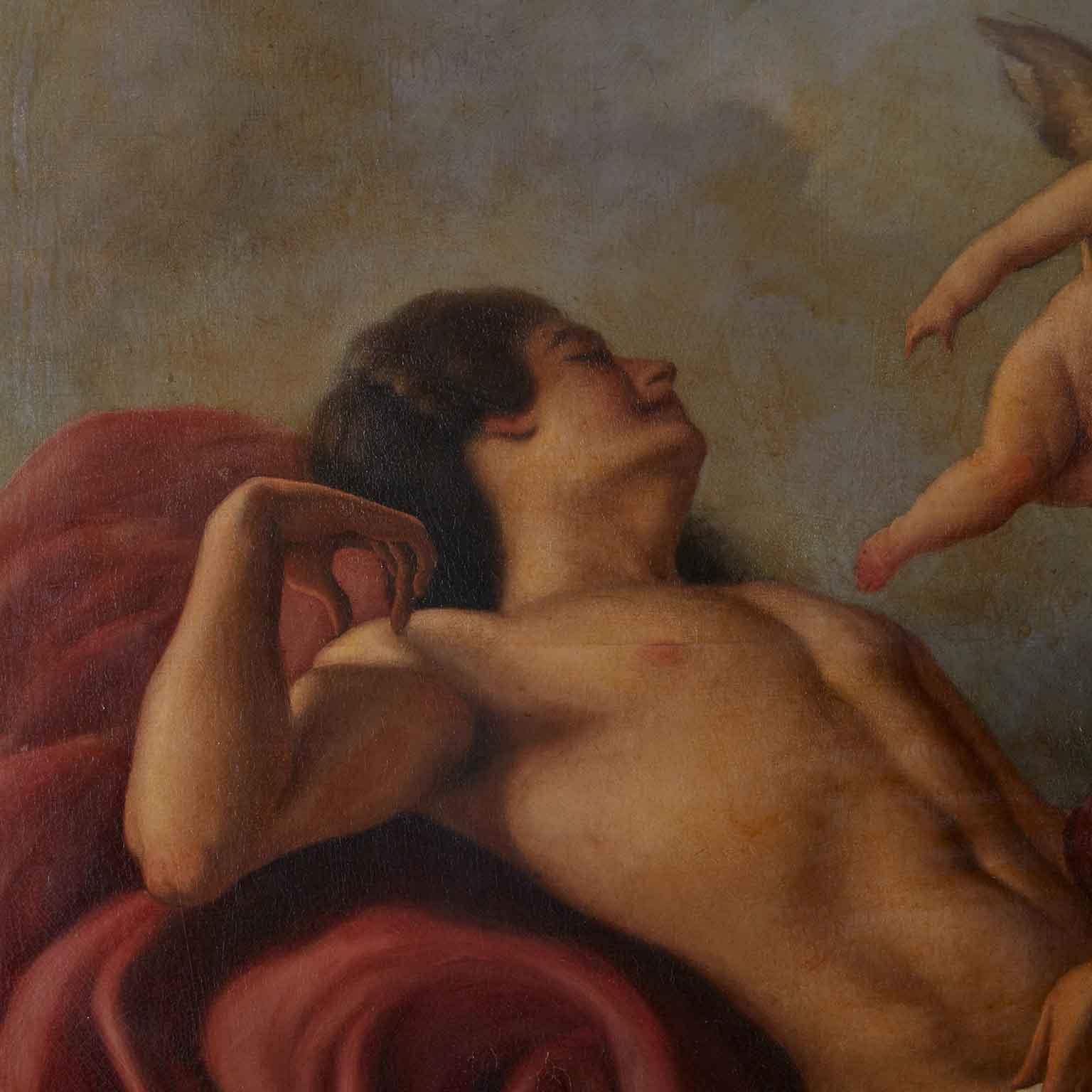 Neoclassico Cupido e Psiche Grande Dipinto Mitologico Italiano di Armando Marasso 1950 circa