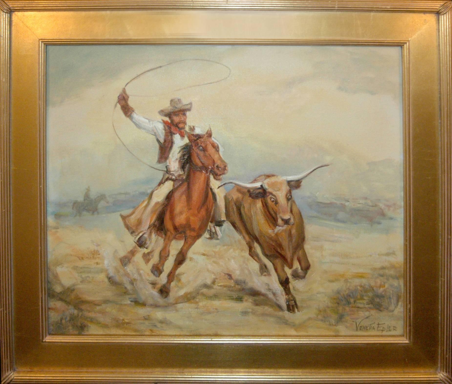 Ride `Em Cowboy; Venetia Epler (American 1926 - 2005); oil on canvas For Sale 1