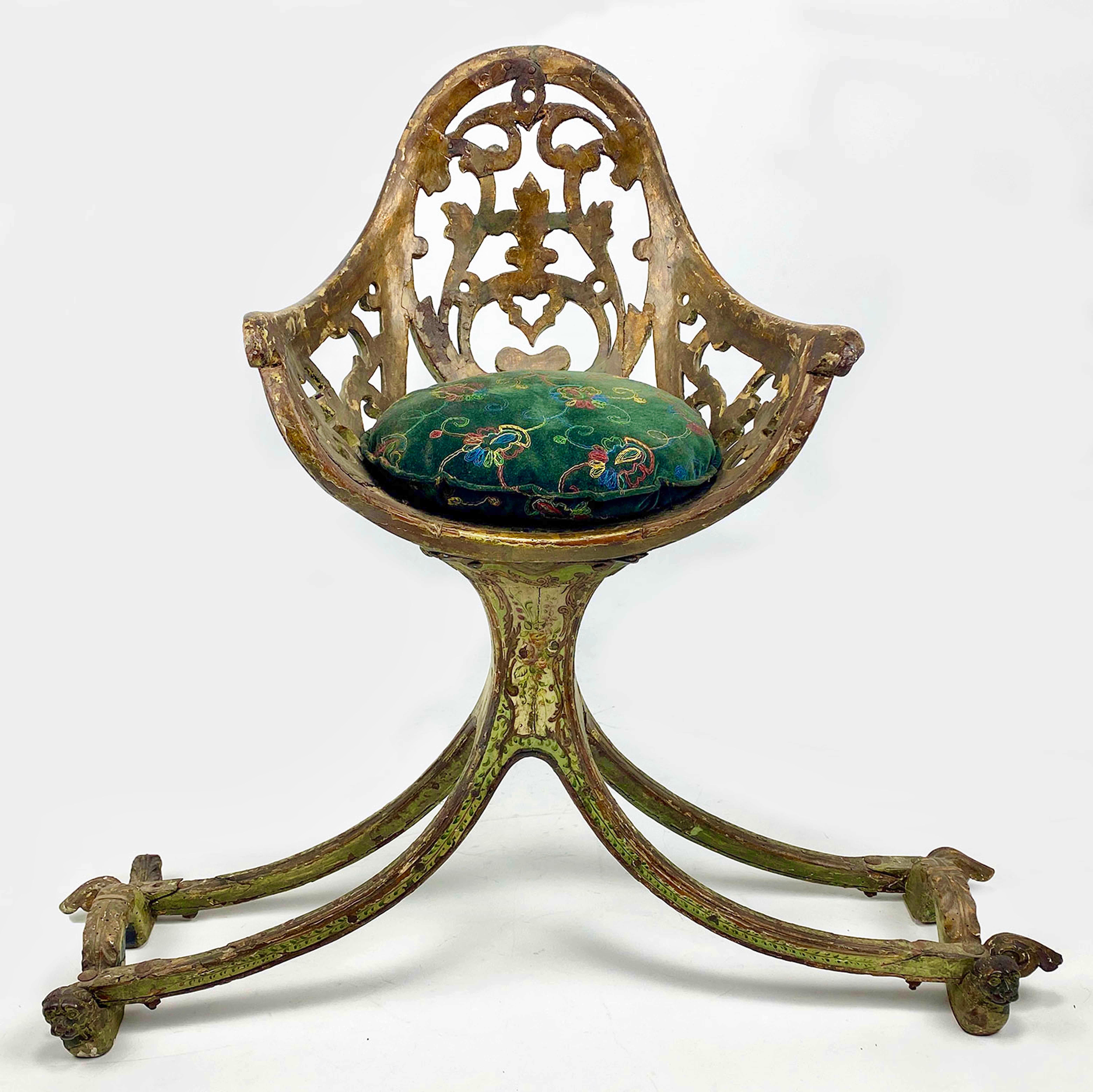 18th century Venetian giltwood carved and painted sediolo chair for a gig or calesse, a two-wheeled open horse-drawn sulky cart with a single driver; part of the evolution of harnessed horse drawn carriage which today we know as trotting or harness