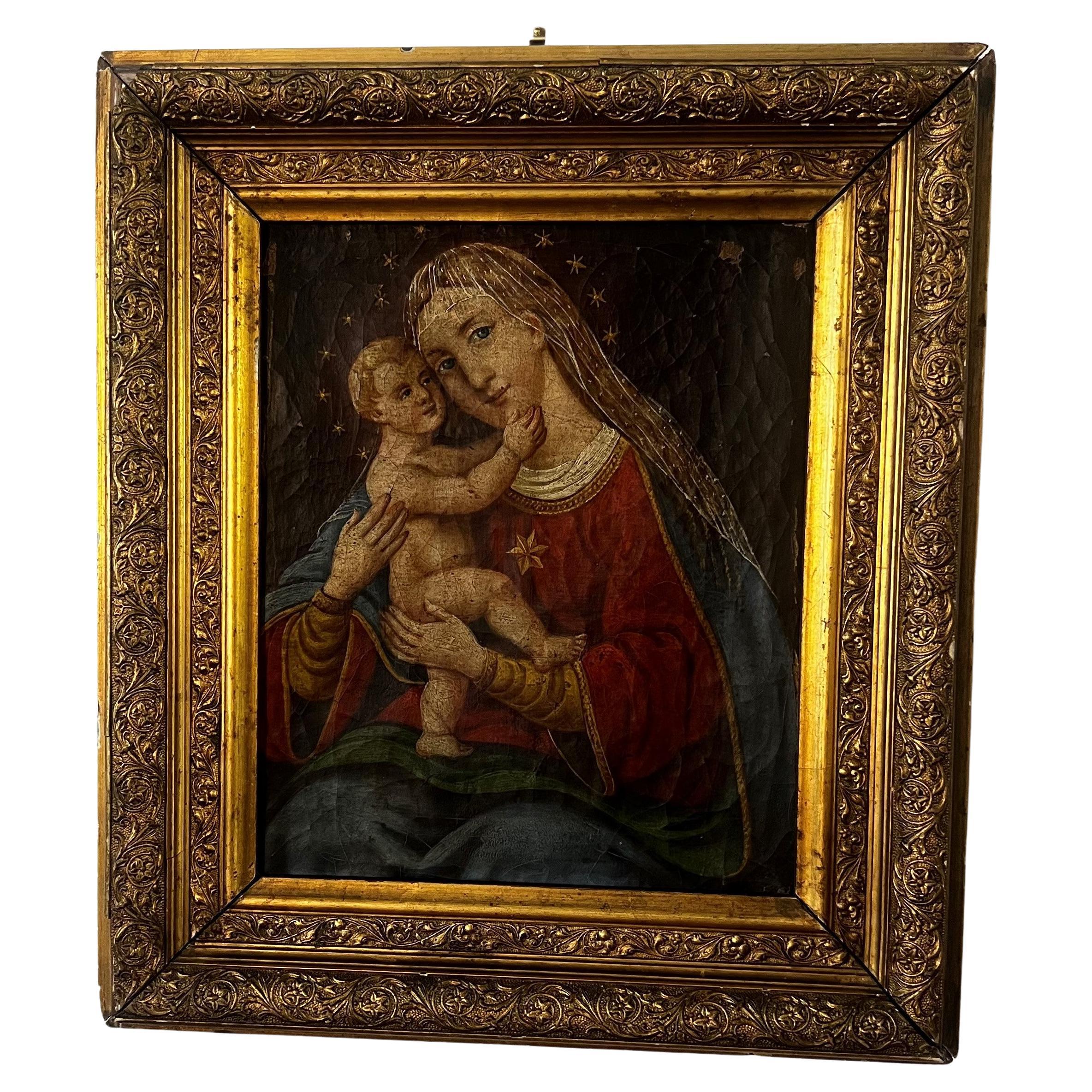 Huile sur toile vénitienne du XVIe siècle représentant la Madonna et l'Enfant Jésus