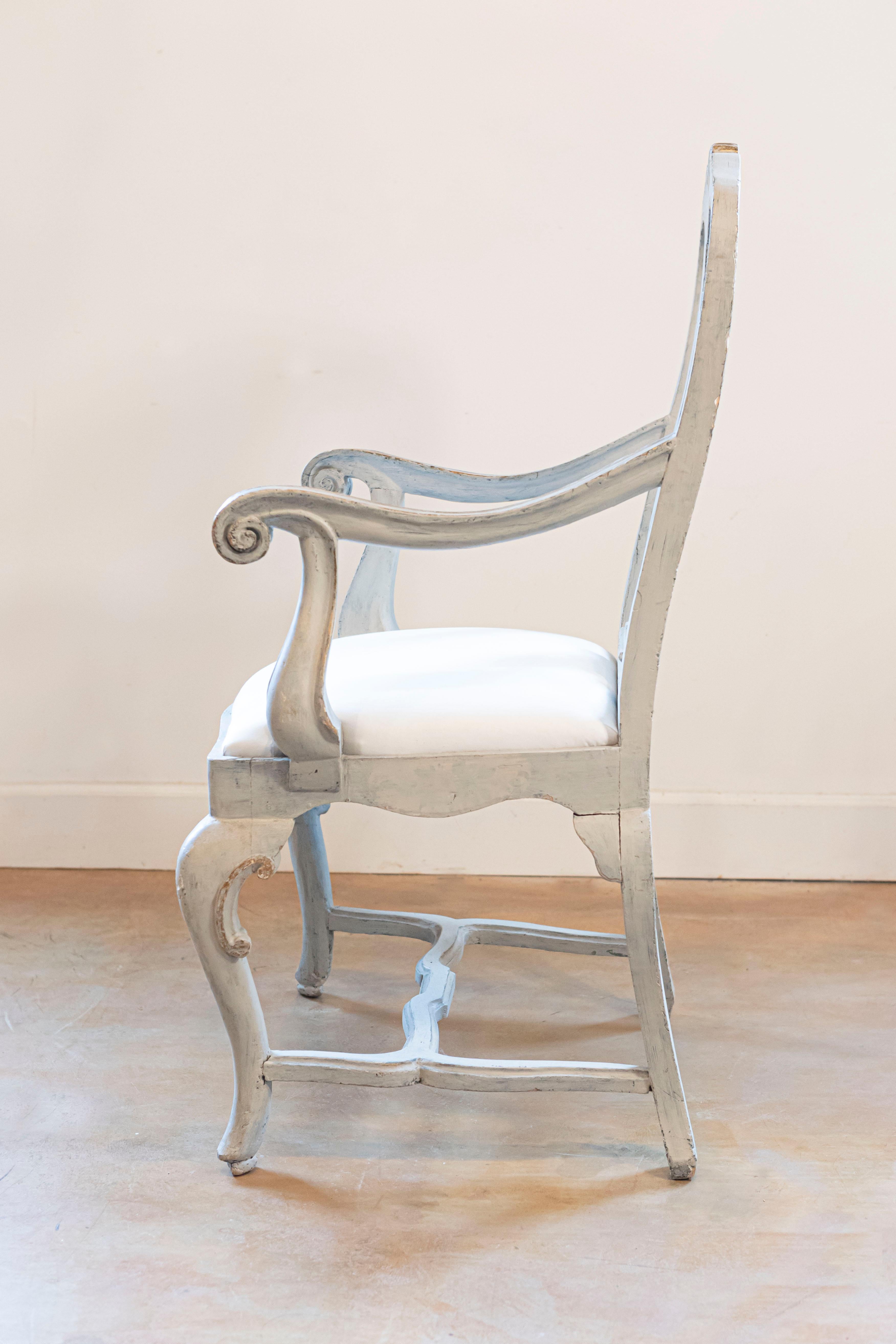 Upholstery Venetian 1810s Rococo Style Painted Wood Armchair with Parcel-Gilt Accents For Sale