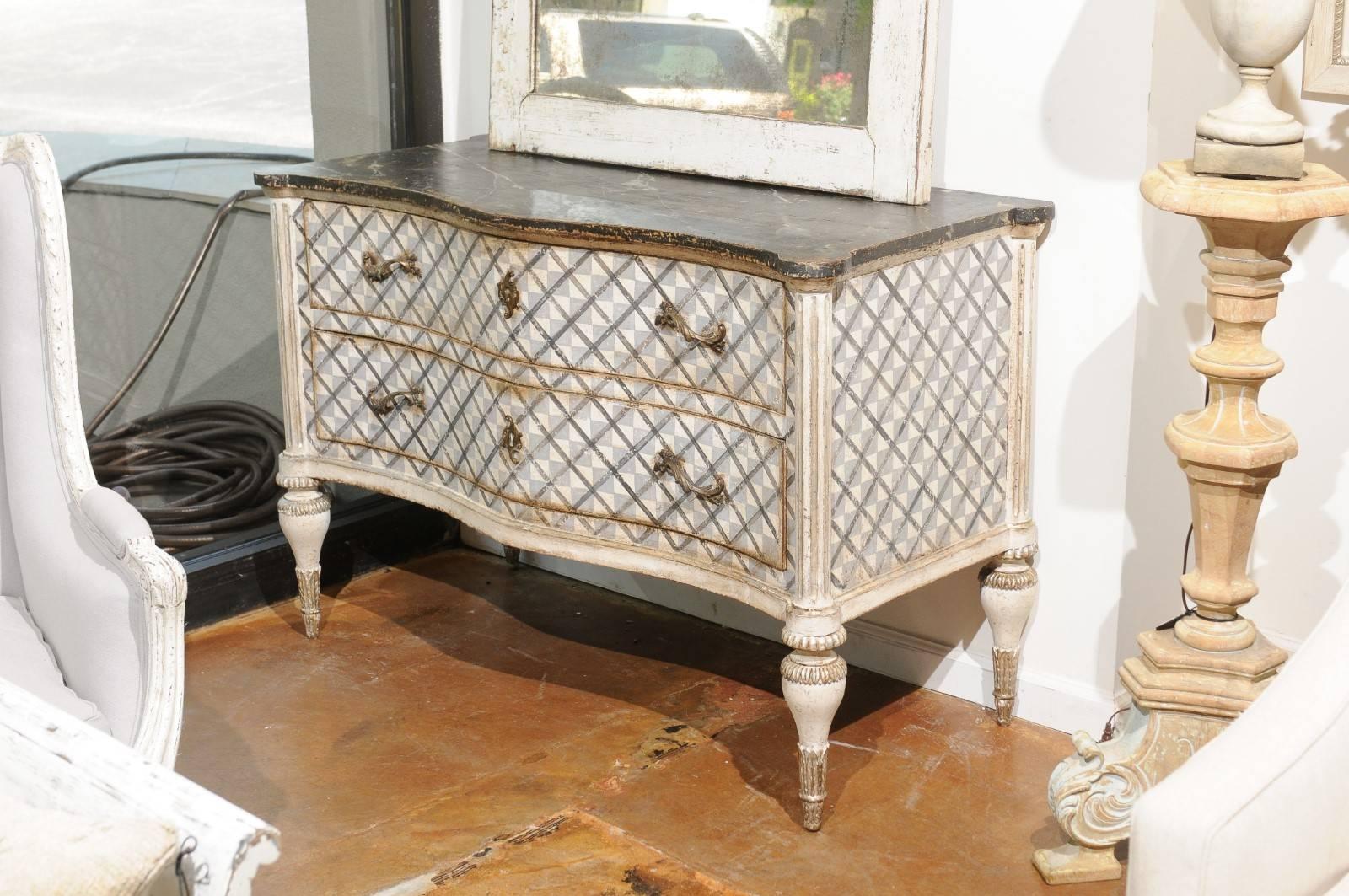 Venetian 1860s Hand-Painted Serpentine Two-Drawer Commodes with Silver Accents 6