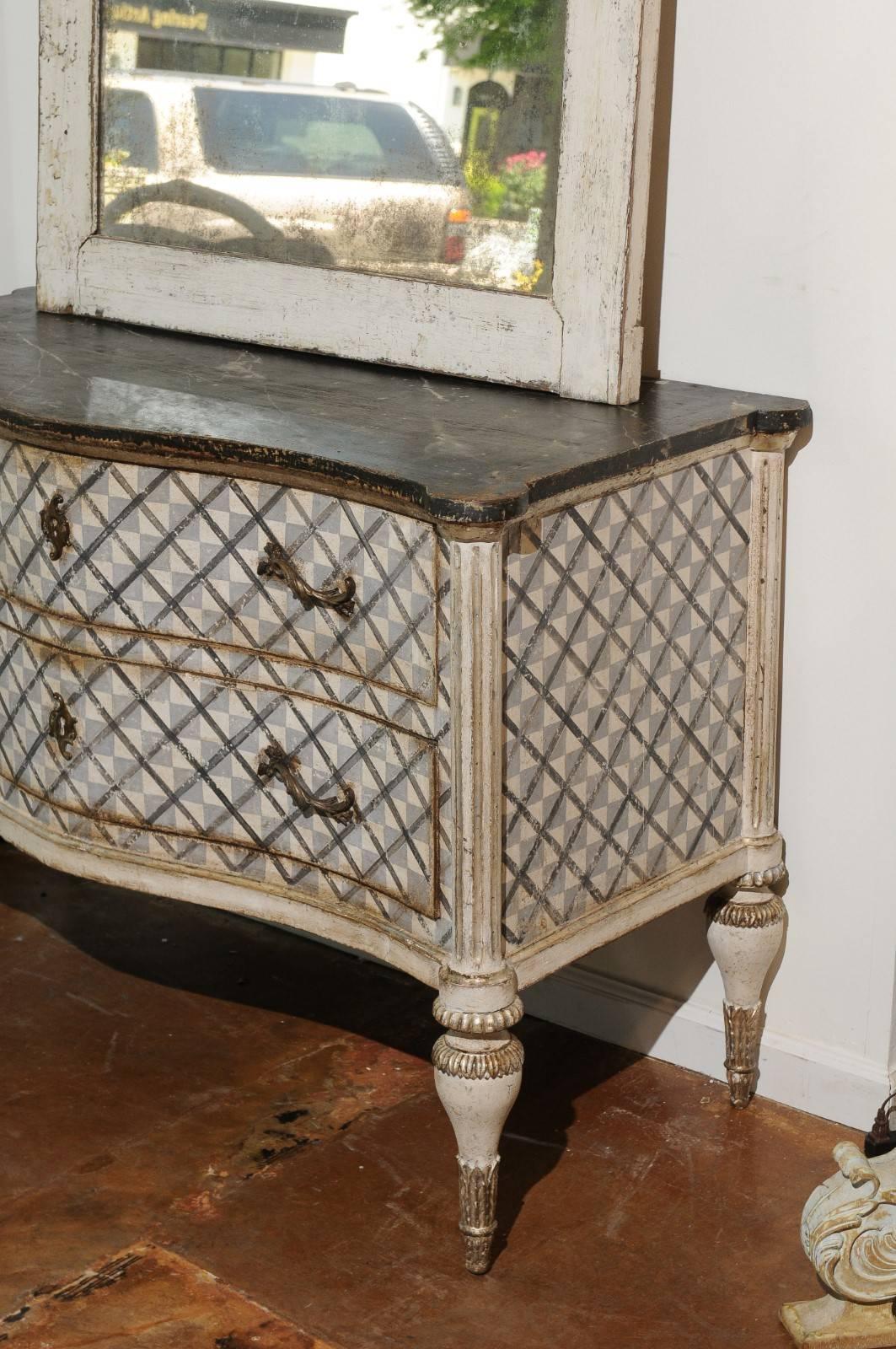 Venetian 1860s Hand-Painted Serpentine Two-Drawer Commodes with Silver Accents 8