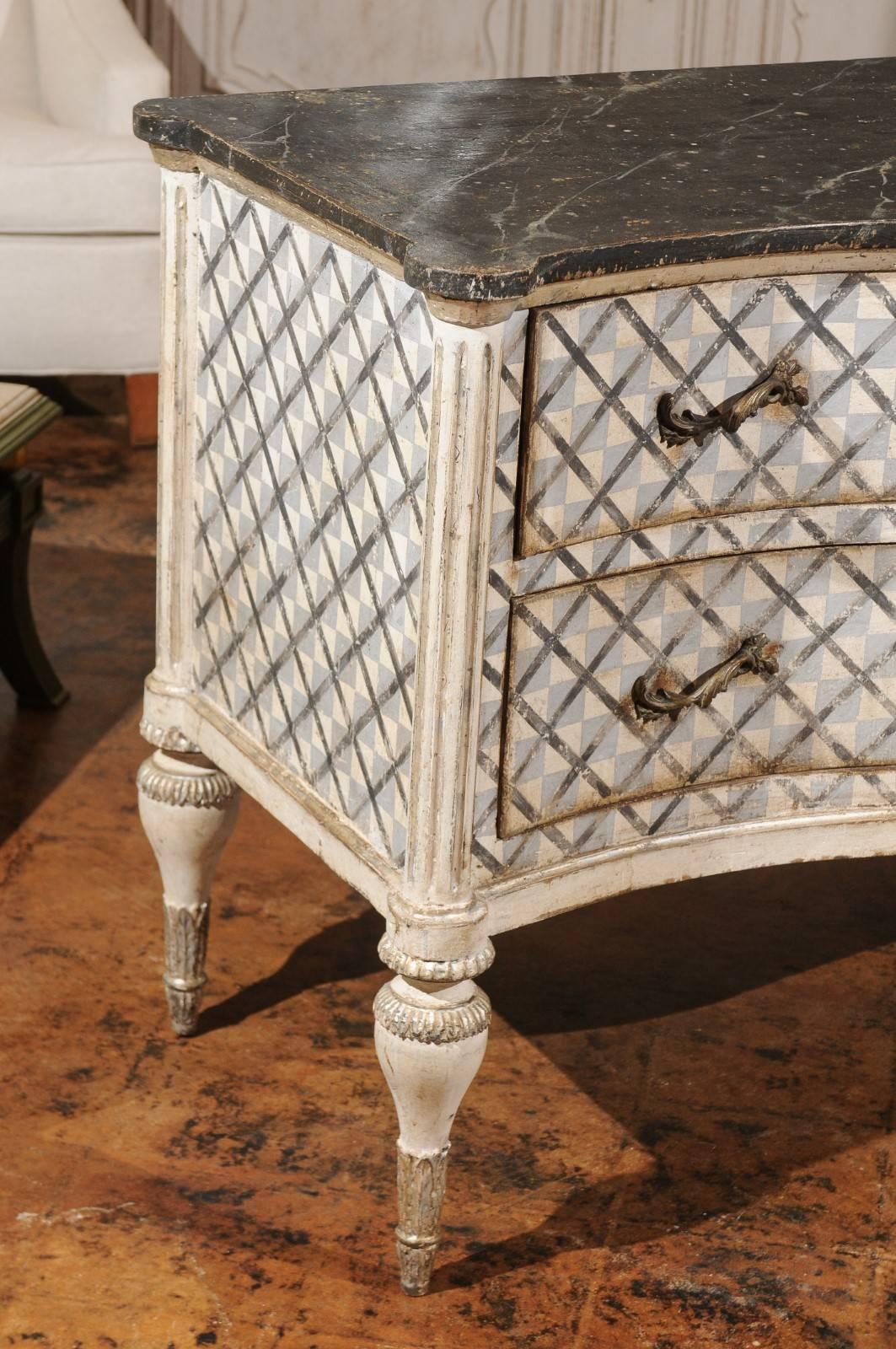 Venetian 1860s Hand-Painted Serpentine Two-Drawer Commodes with Silver Accents In Good Condition In Atlanta, GA
