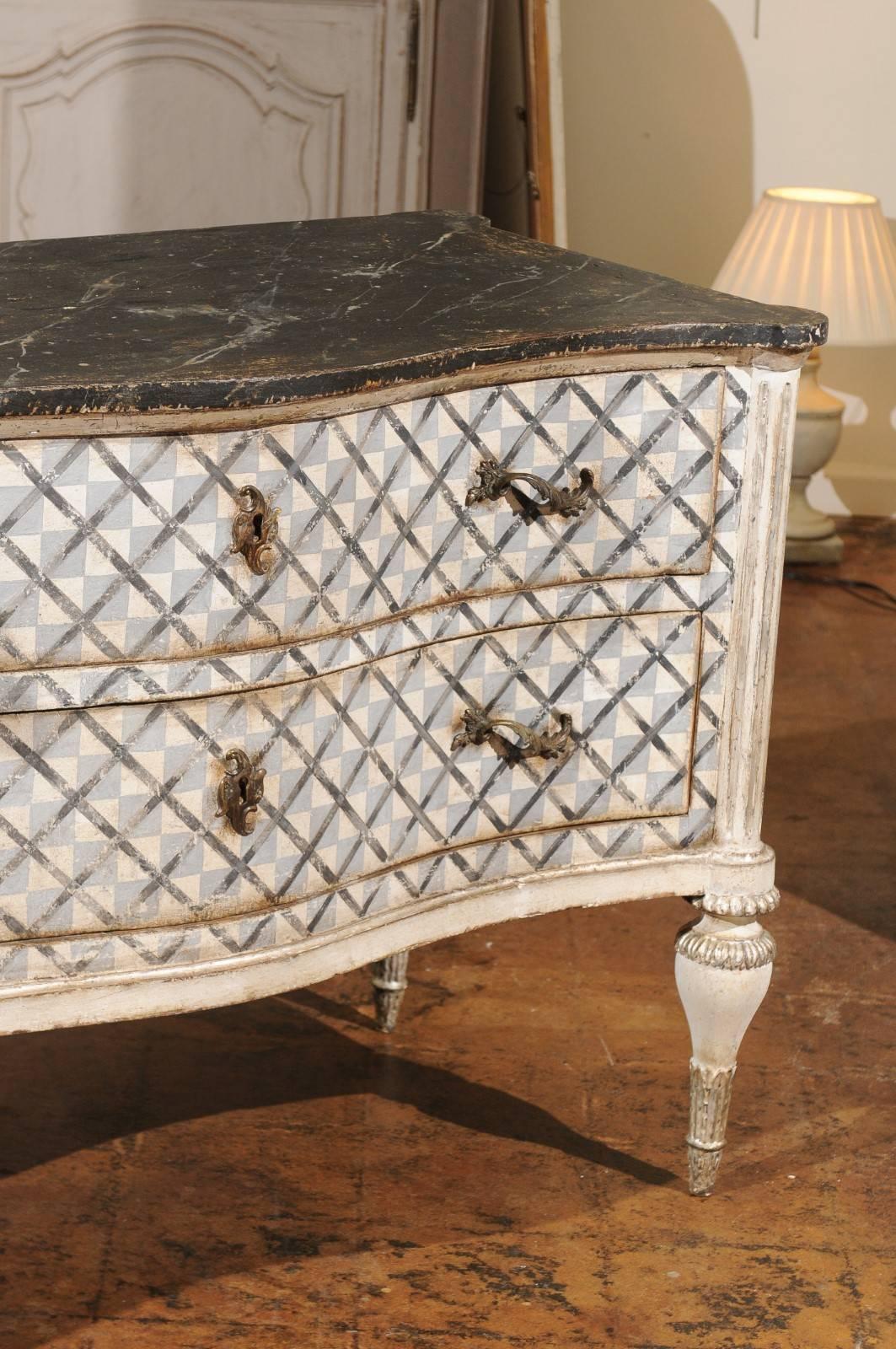 19th Century Venetian 1860s Hand-Painted Serpentine Two-Drawer Commodes with Silver Accents