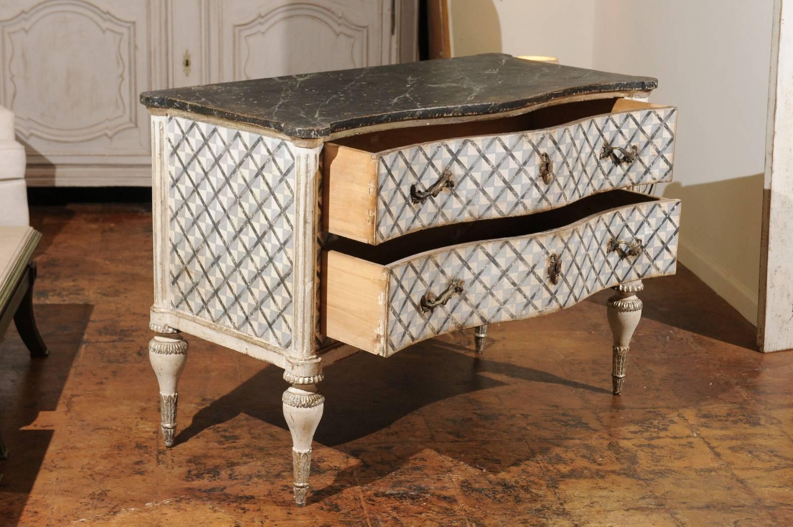 Wood Venetian 1860s Hand-Painted Serpentine Two-Drawer Commodes with Silver Accents