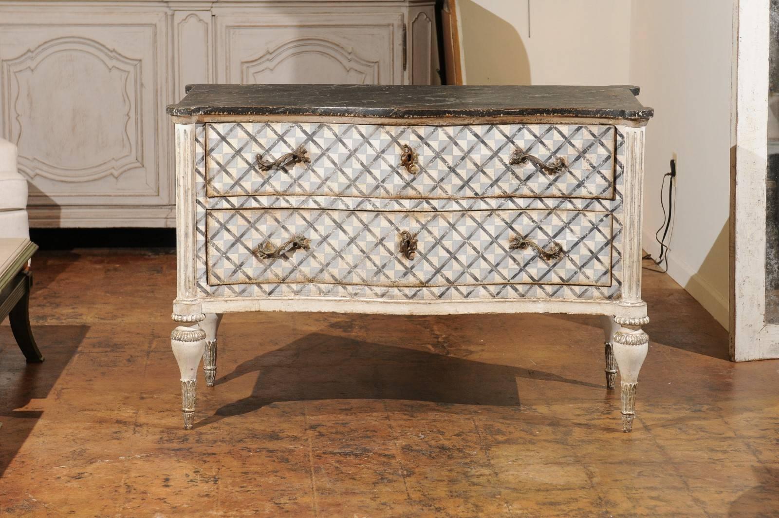 Venetian 1860s Hand-Painted Serpentine Two-Drawer Commodes with Silver Accents 3