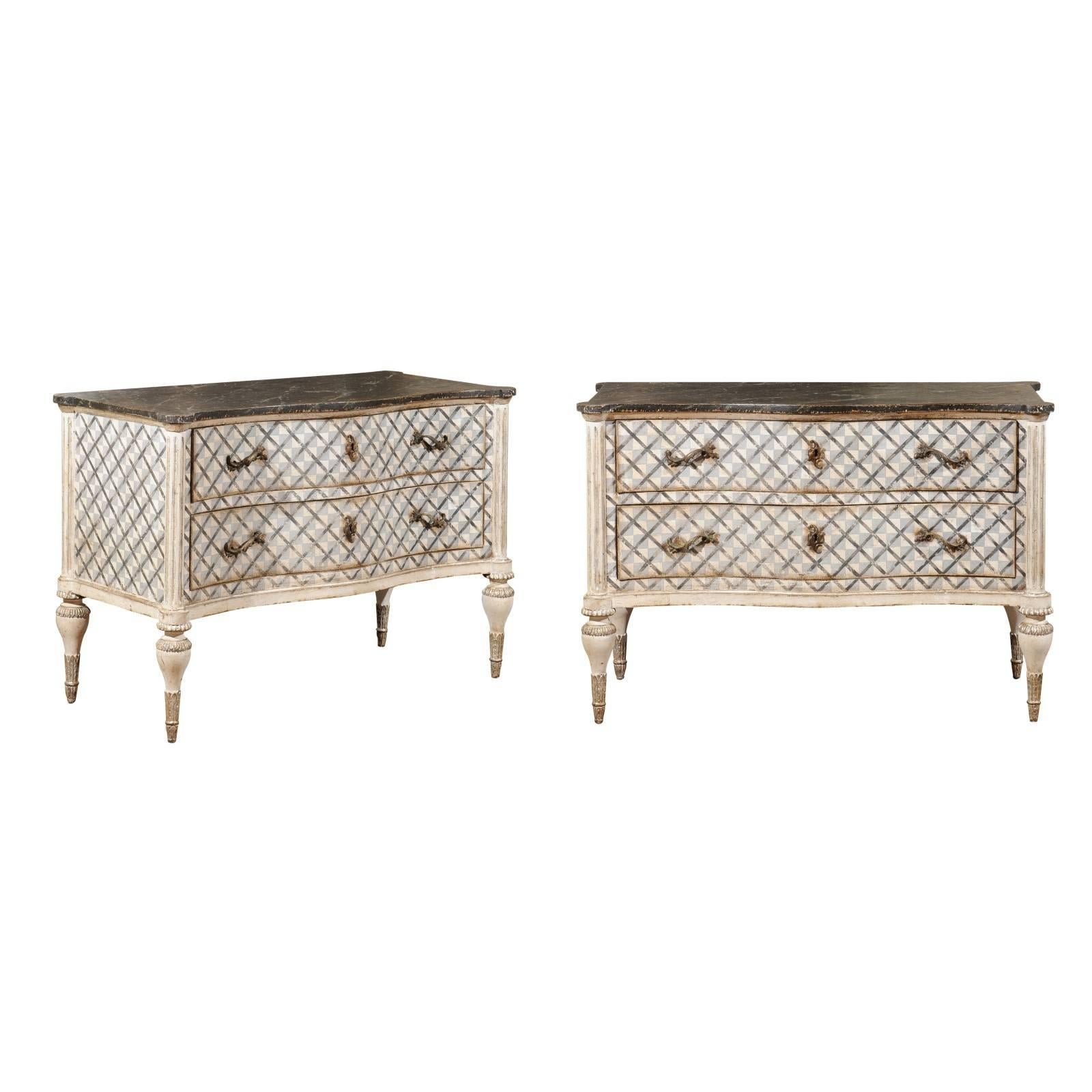 Venetian 1860s Hand-Painted Serpentine Two-Drawer Commodes with Silver Accents