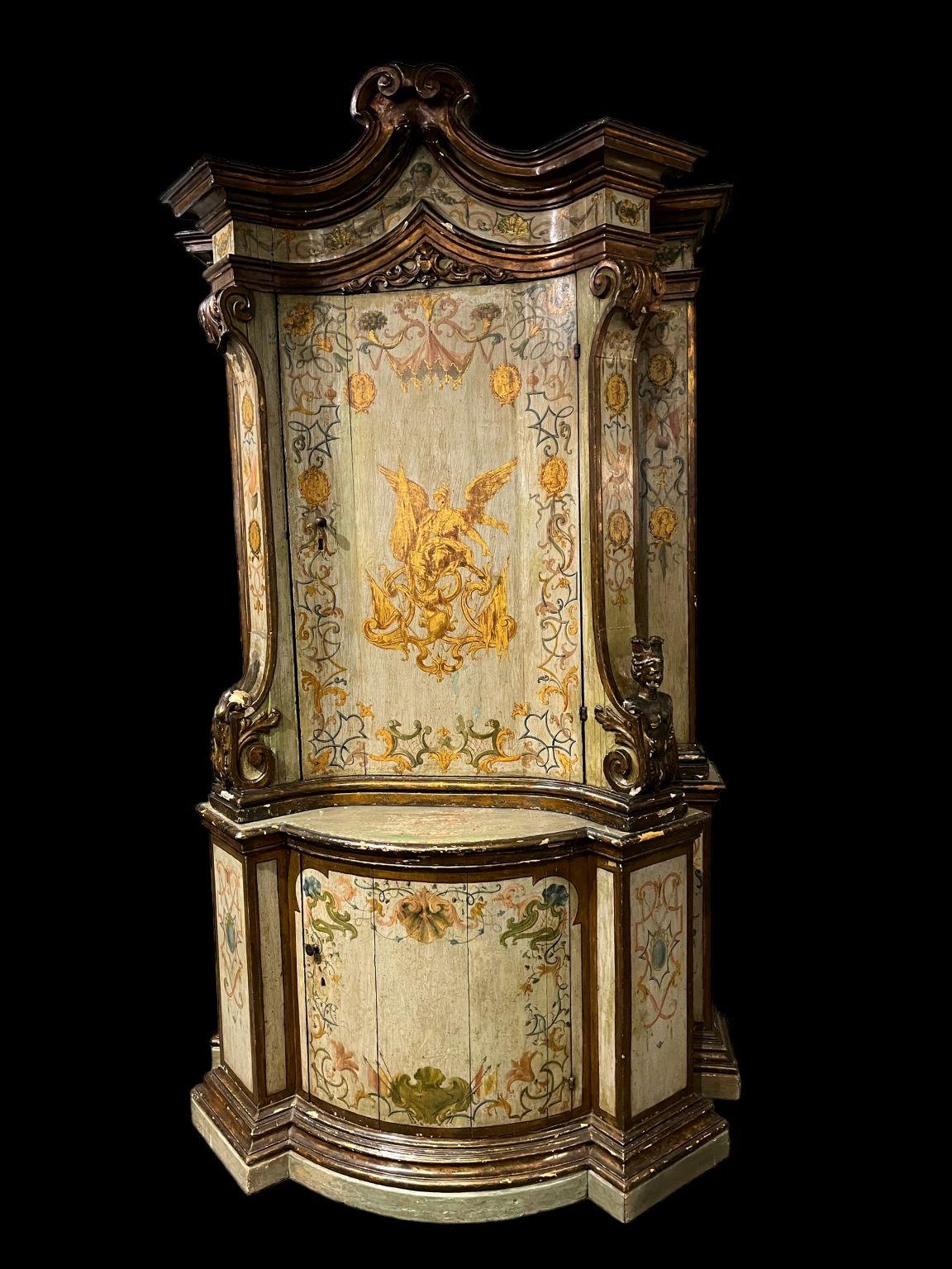 Extraordinary Venetian 18TH Century Italian Painted and Giltwood Cabinet.  An incredible nine-foot cabinet from the late Barbara Walters’ Estate. An unbelievable statement piece for any room.  Condition of cabinet shows paint chips, cracks and minor