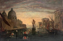 Immense peinture à l'huile italienne du 18e siècle de Masterly, Grand Canal, Venise, coucher de soleil