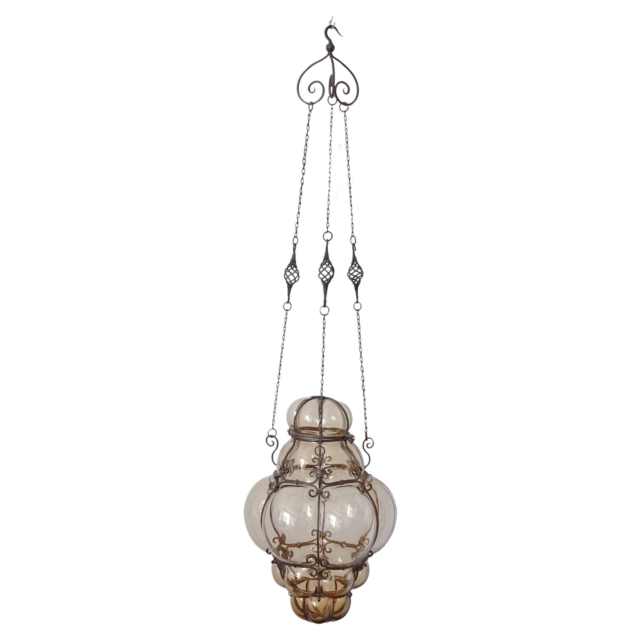 Venetian 1920s Blown Murano Glass and Wrought Iron Pendant For Sale