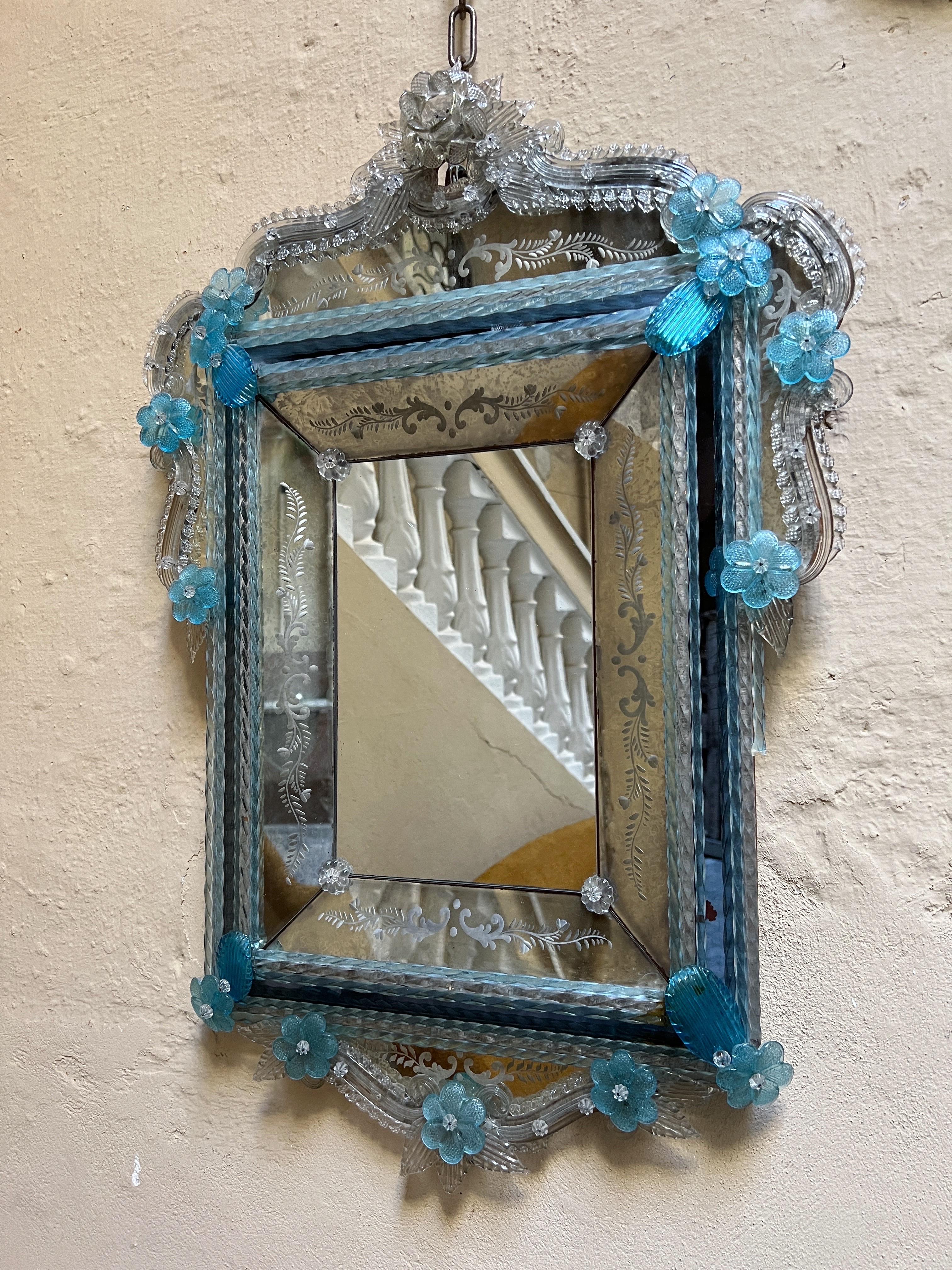 Baroque Revival Venetian 1920''s Murano Antique Mirror with Blue Glass Details and Flowers For Sale