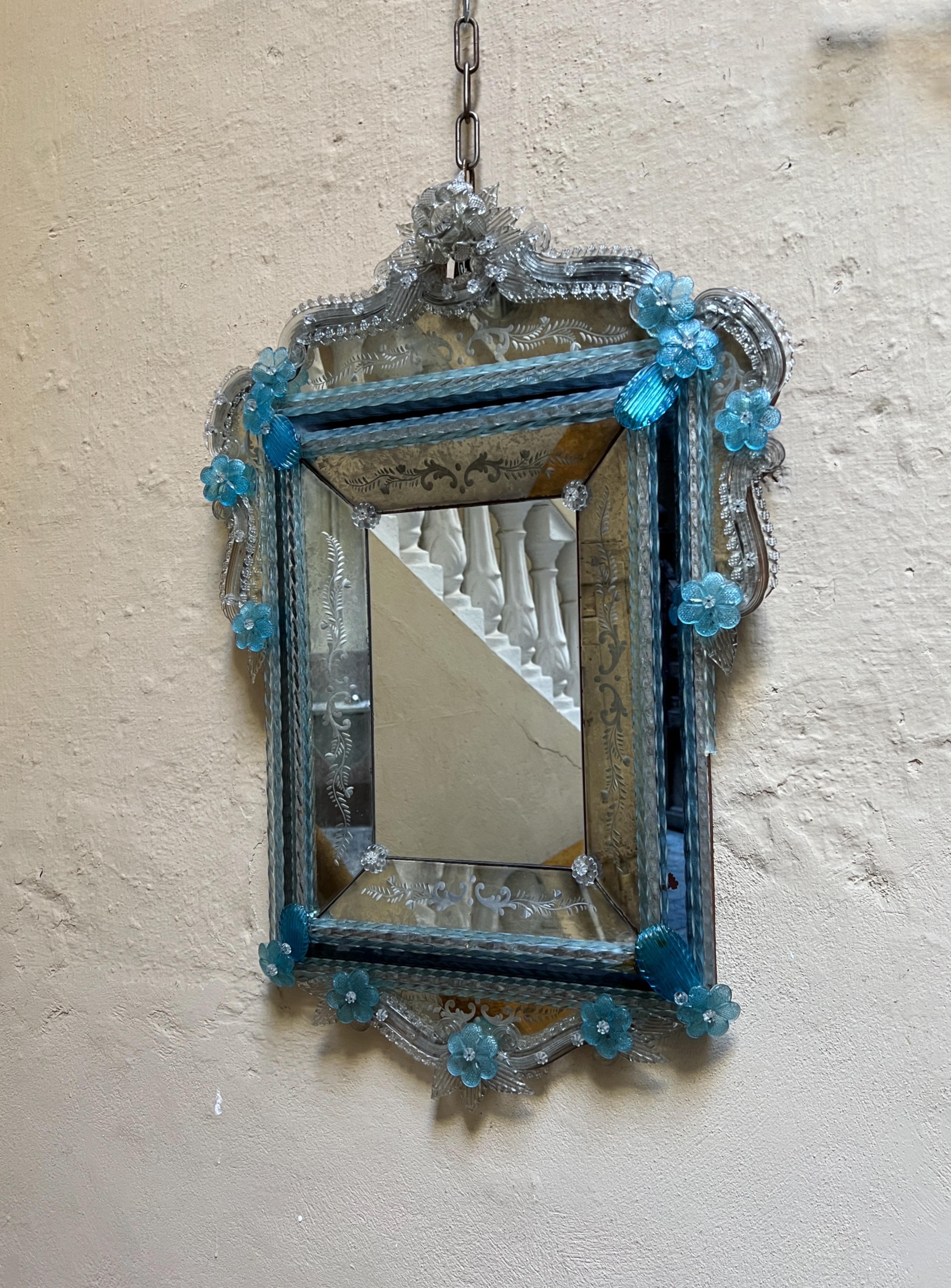 Italian Venetian 1920''s Murano Antique Mirror with Blue Glass Details and Flowers For Sale