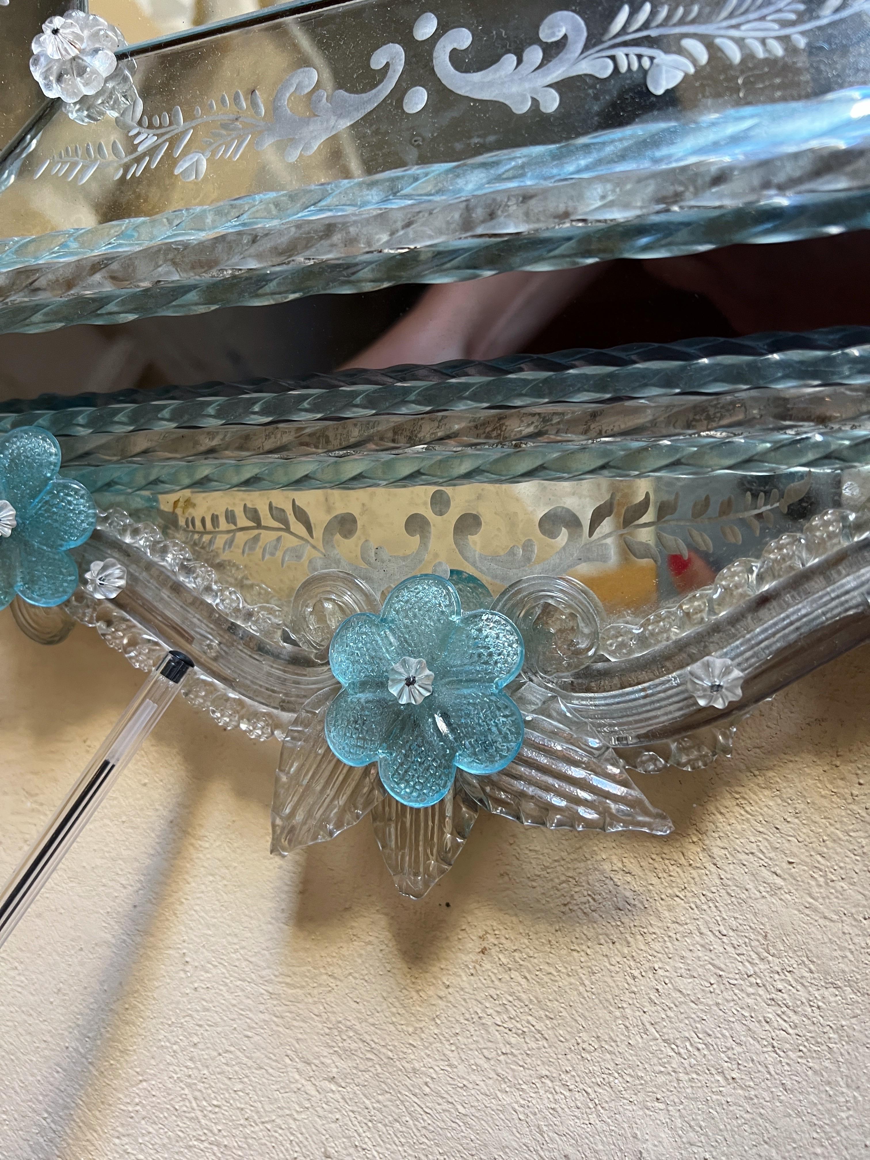 20th Century Venetian 1920''s Murano Antique Mirror with Blue Glass Details and Flowers For Sale