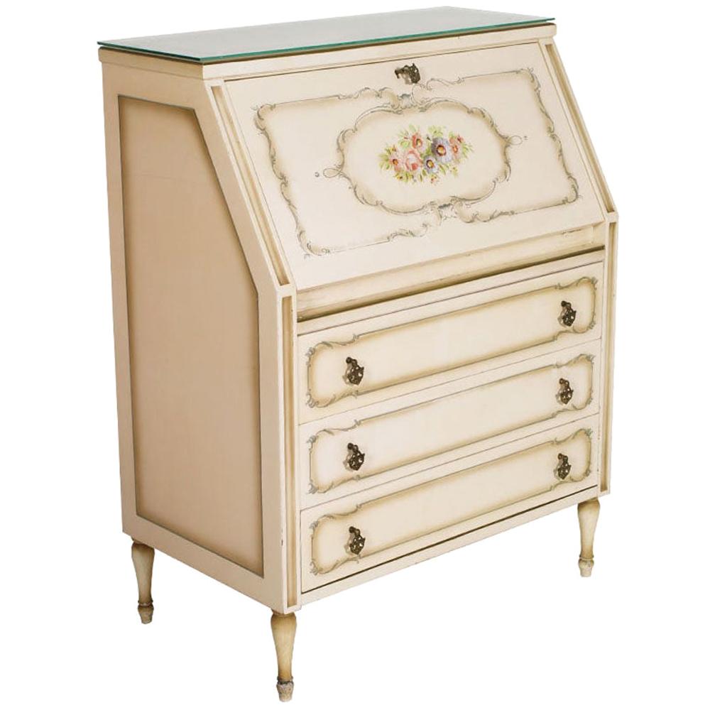 Venetian 1960s Secretaire Commode Empire Style, Cream Lacquered Wood, Decorated 