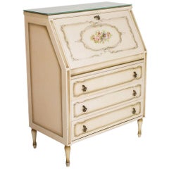 Venetian 1960s Secretaire Commode Empire Style, Cream Lacquered Wood, Decorated