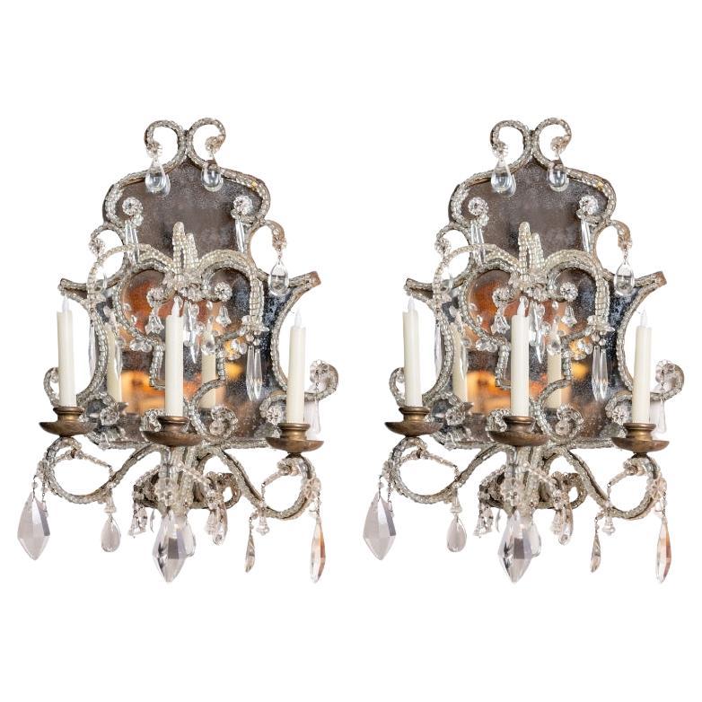 Venetian 19th Century Mirrored & Crystal Sconces, a pair