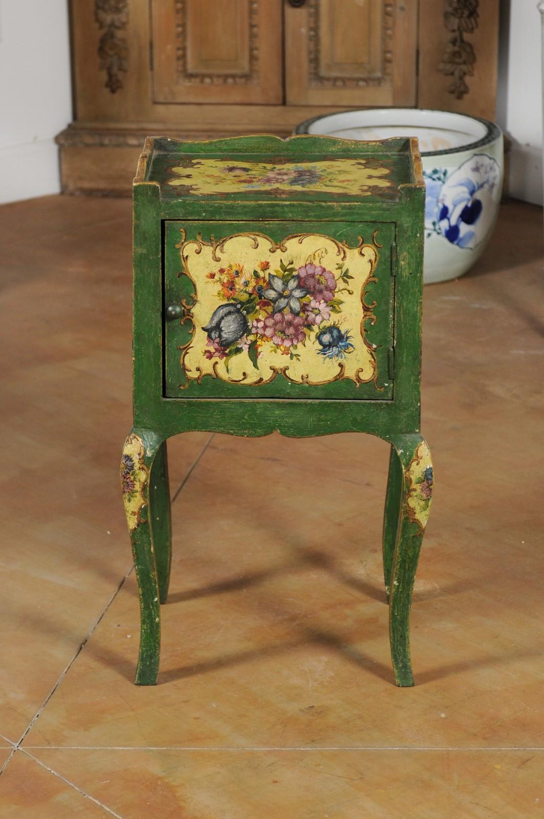 Venetian 19th Century Rococo Style Green Bedside Table with Painted Floral Décor 2