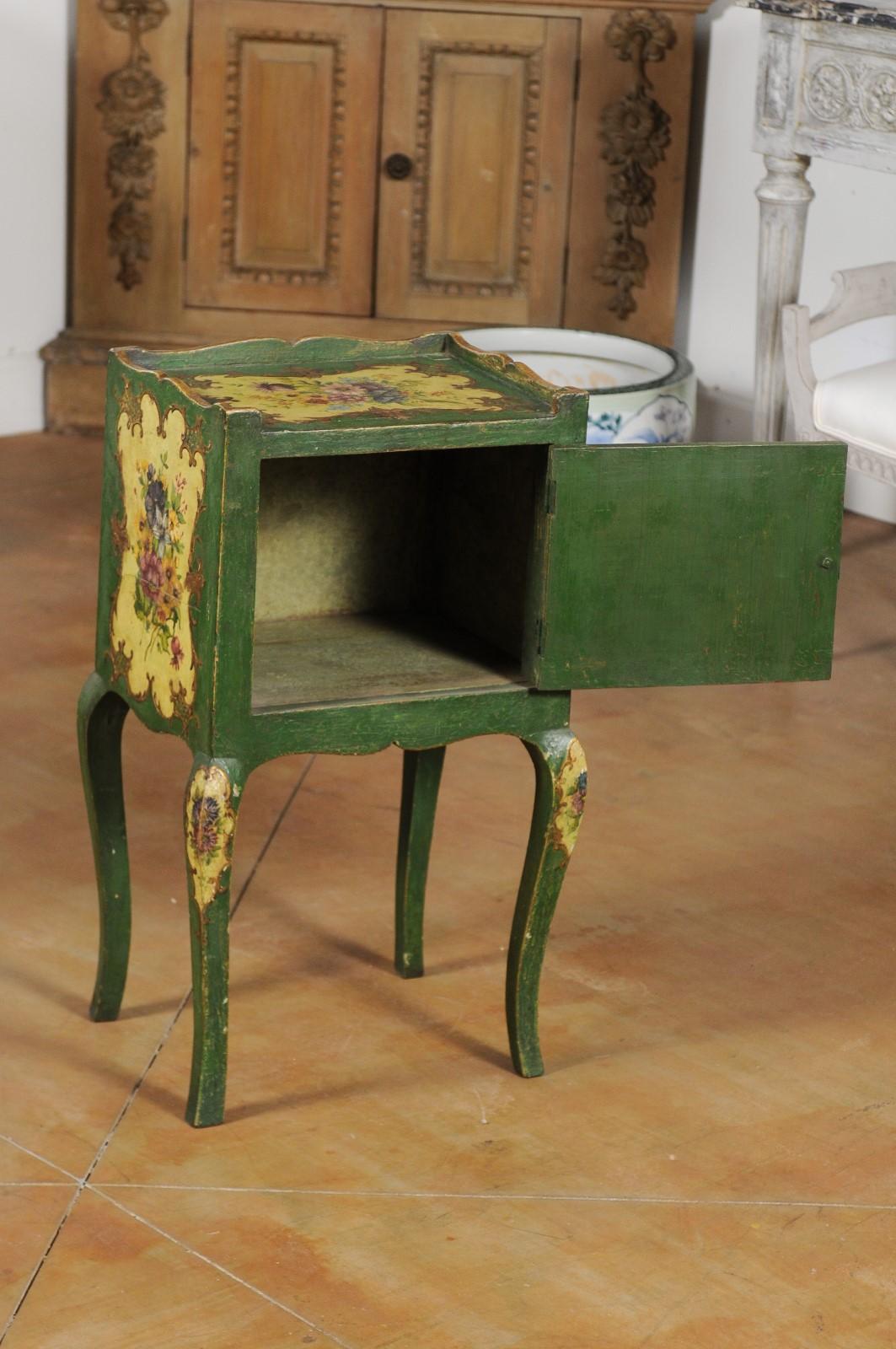 Italian Venetian 19th Century Rococo Style Green Bedside Table with Painted Floral Décor