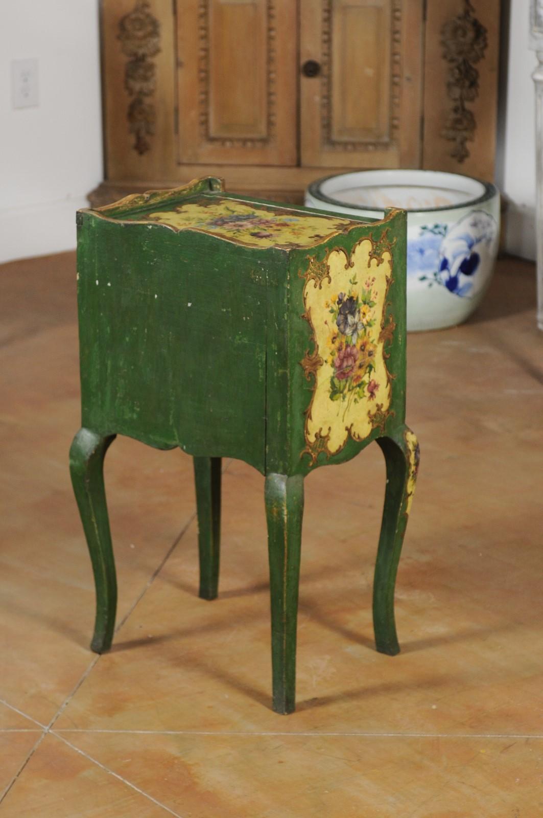 Wood Venetian 19th Century Rococo Style Green Bedside Table with Painted Floral Décor