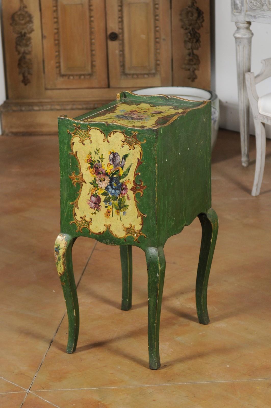 Venetian 19th Century Rococo Style Green Bedside Table with Painted Floral Décor 1