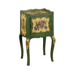 Venetian 19th Century Rococo Style Green Bedside Table with Painted Floral Décor