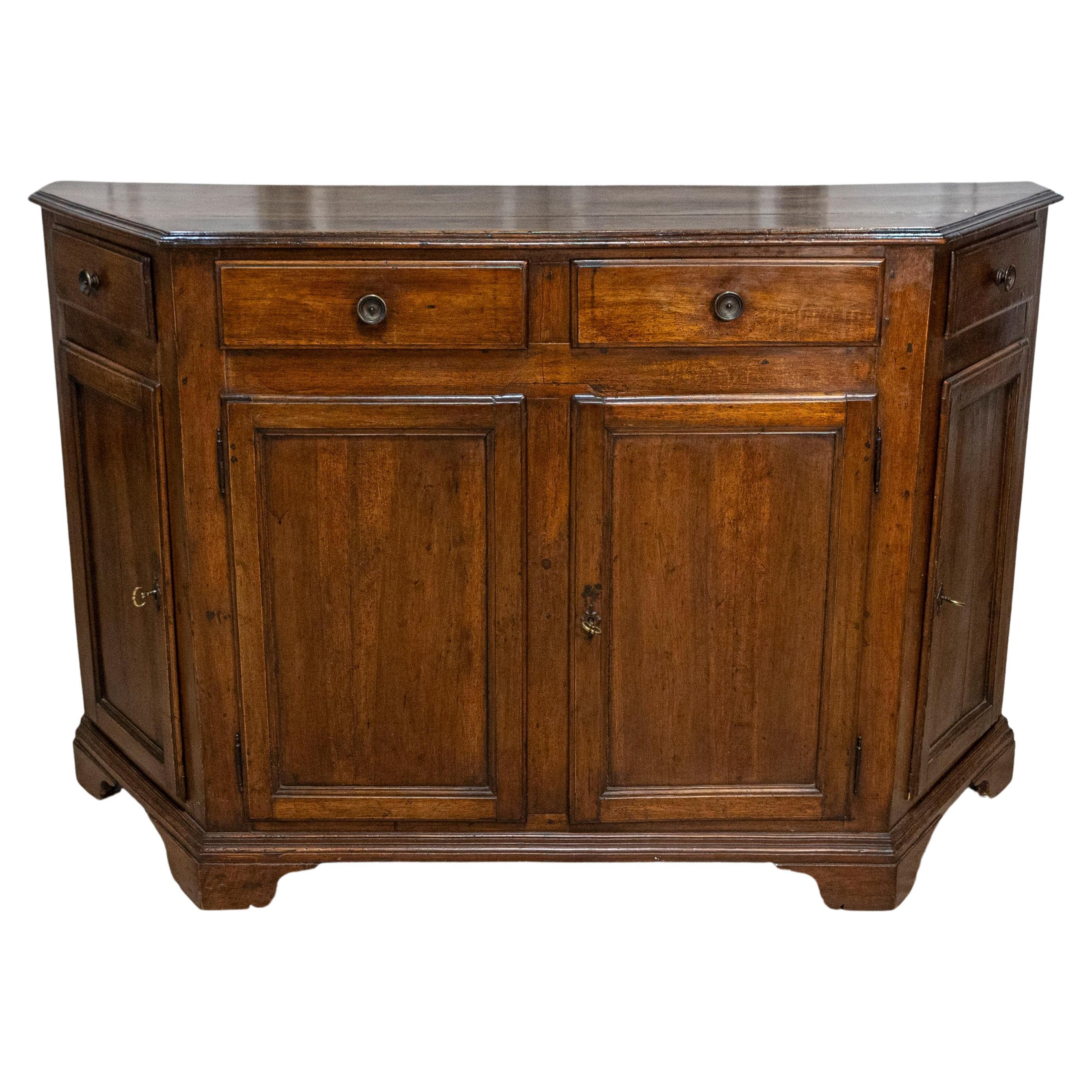  Venetian 19th Century Walnut Credenza with Canted Sides, Drawers and Doors For Sale