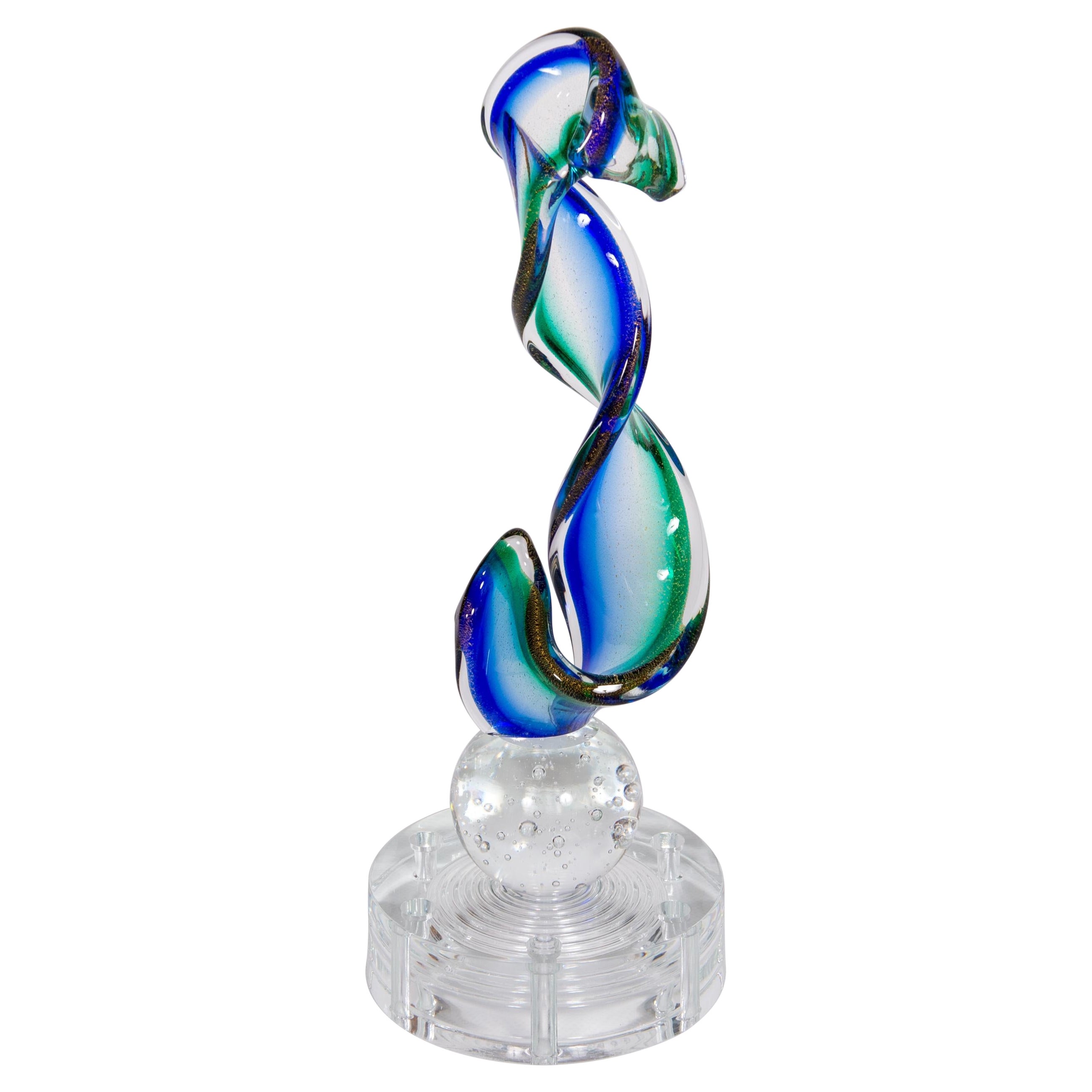 Scultura astratta veneziana in vetro soffiato di Murano verde e blu anni '90 Italia