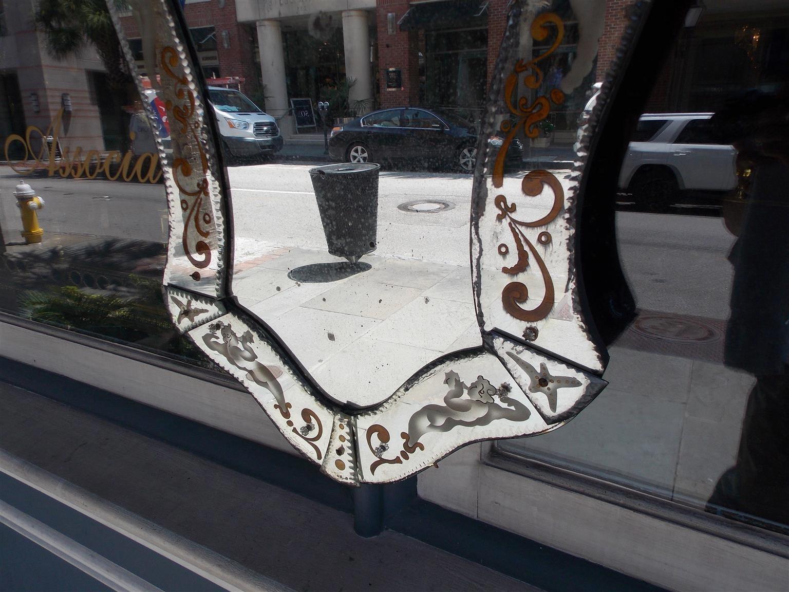 Hand-Carved Venetian Acid Etched Scrolled Mermaid and Merman Floral Wall Mirror, Circa 1890