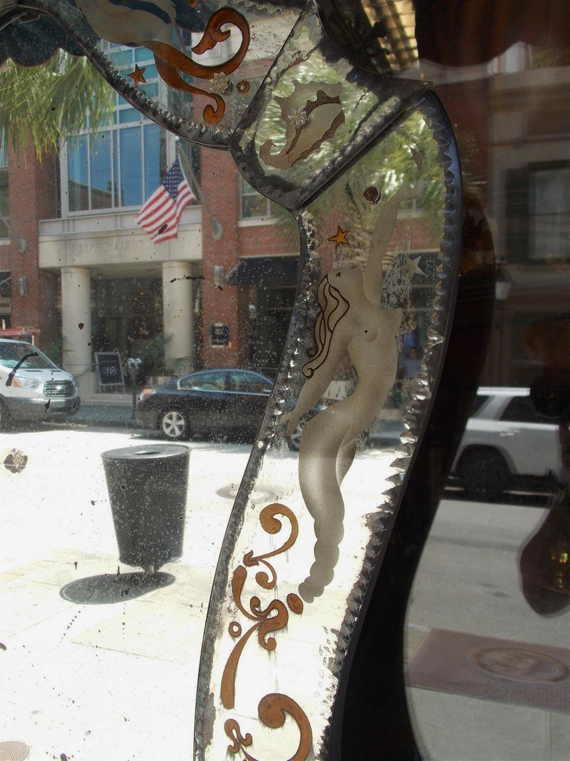 Venetian Acid Etched Scrolled Mermaid and Merman Floral Wall Mirror, Circa 1890 In Excellent Condition In Hollywood, SC