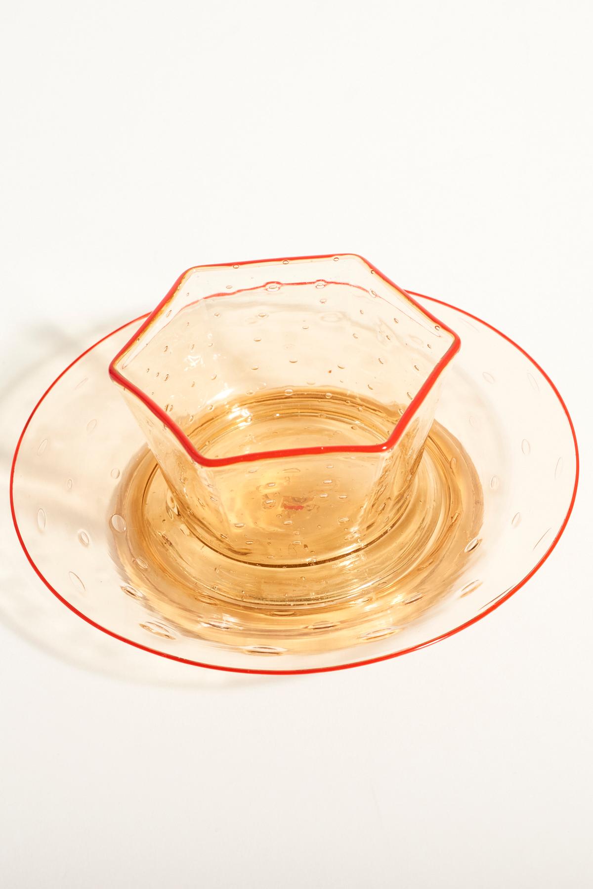 Murano coupe set of two in hexagonal styling, sheer amber yellow bubble glass accented with fine red edging

Period: 1950s-1960s

Condition: Excellent

Dimensions: Plate 6