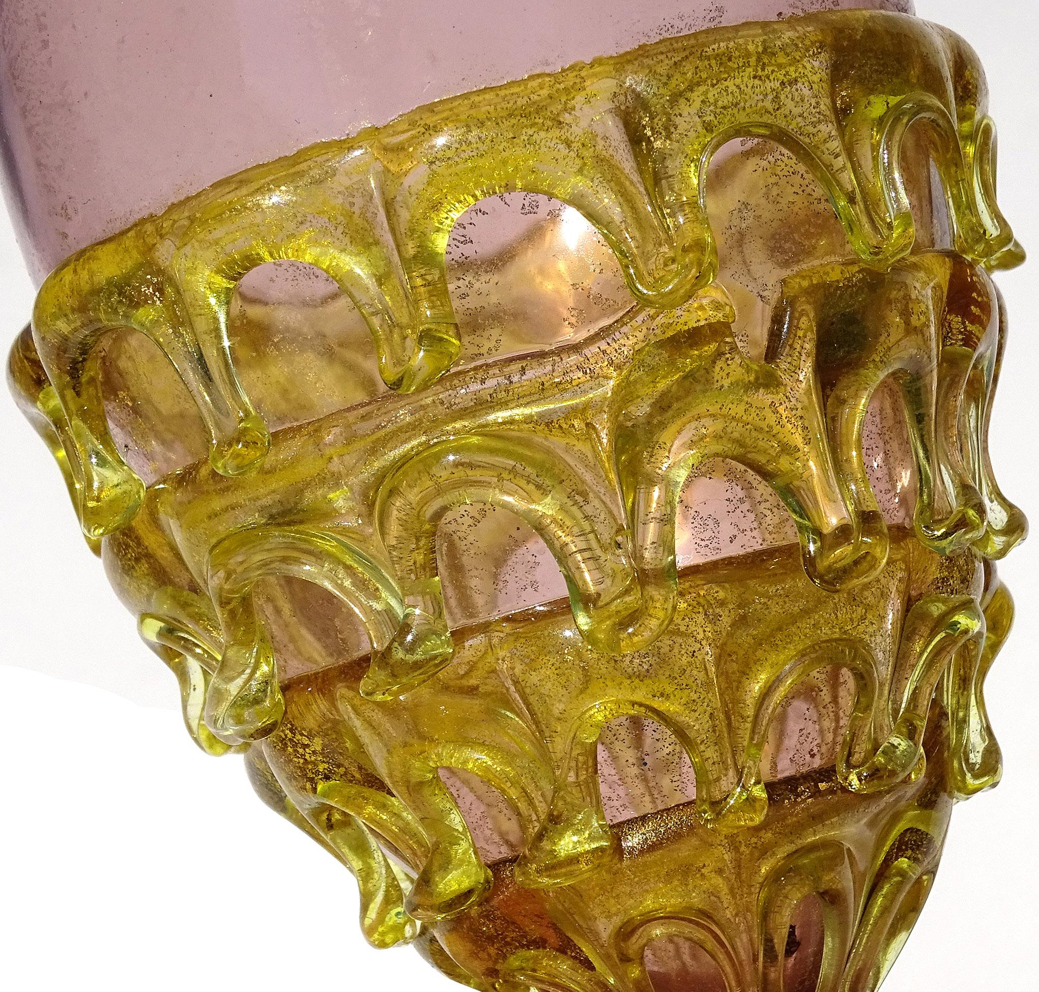 Victorien tardif Vase vénitien ancien en verre d'art italien à mouchetures d'or jaune violet améthyste en vente