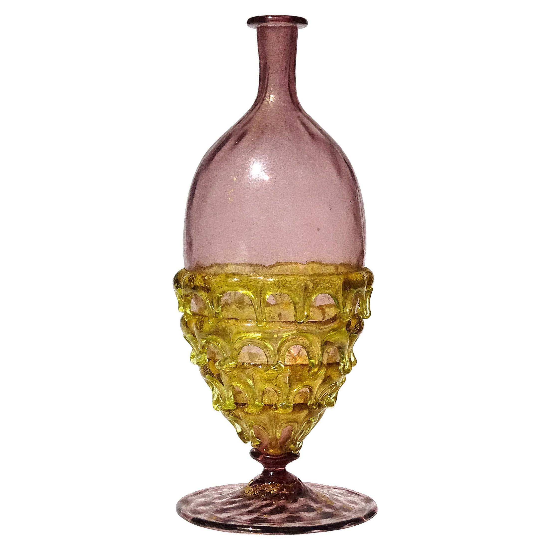 Vaso di vetro d'arte veneziano antico con ametista, porpora, giallo, oro e macchie.