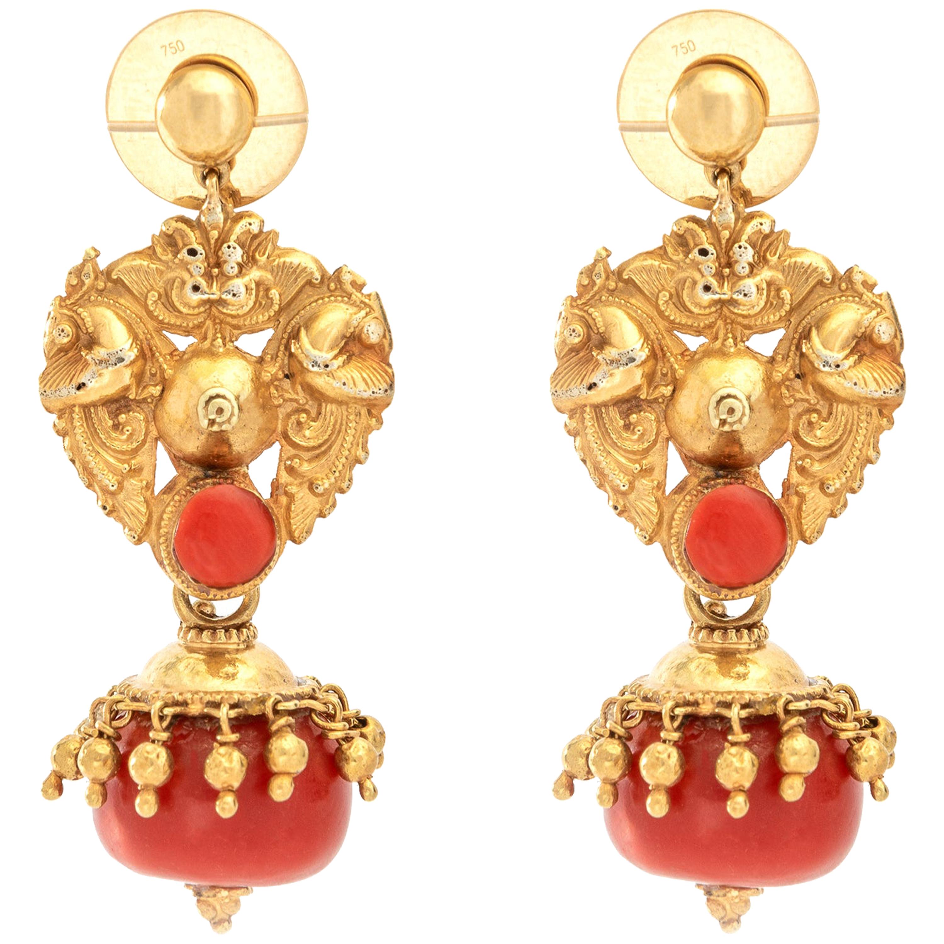 Venetian Antique Coral and Gold Earrings