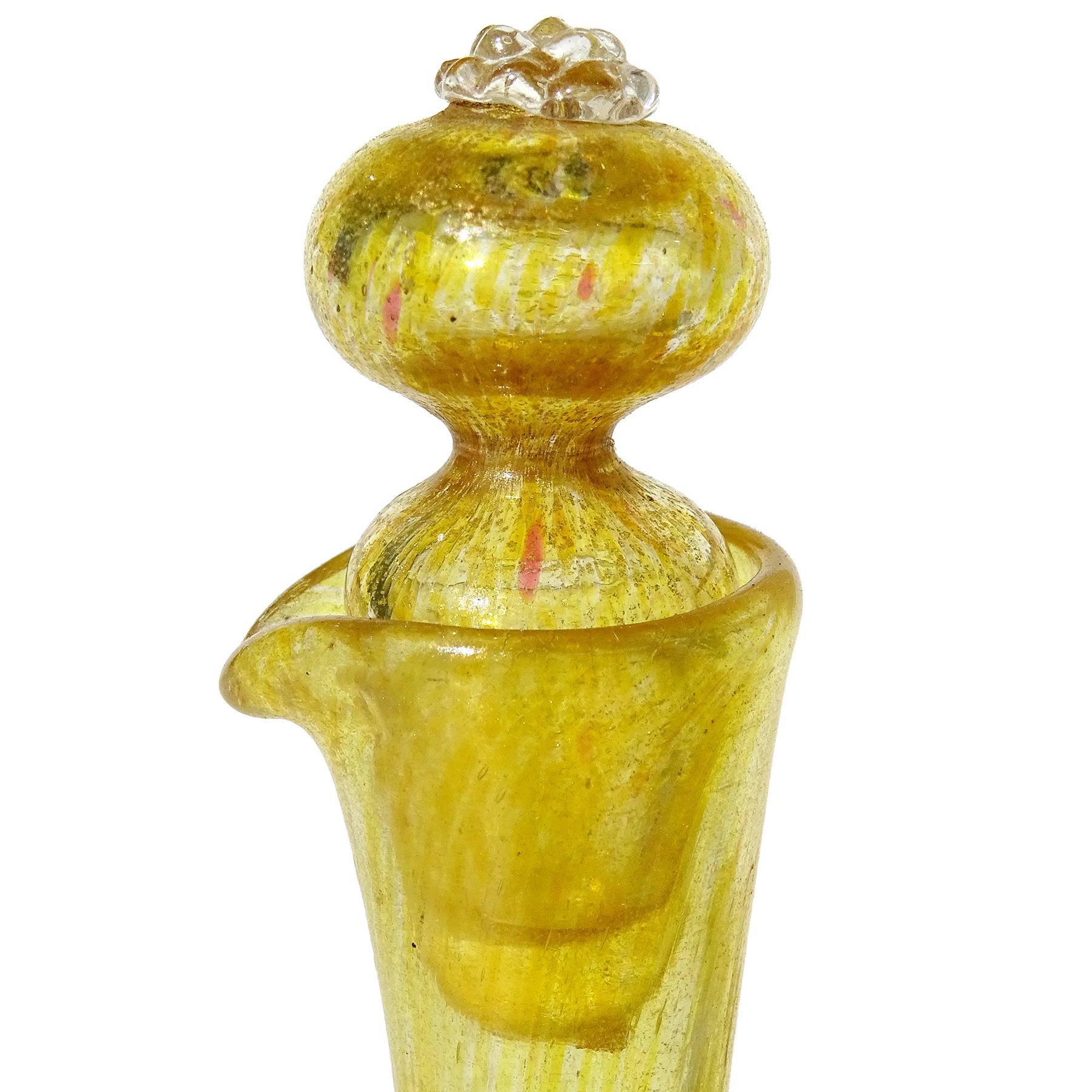 Victorian Venetian Antique Murano Yellow Gold Fleck Italian Art Glass Dimple Squared Cruet For Sale