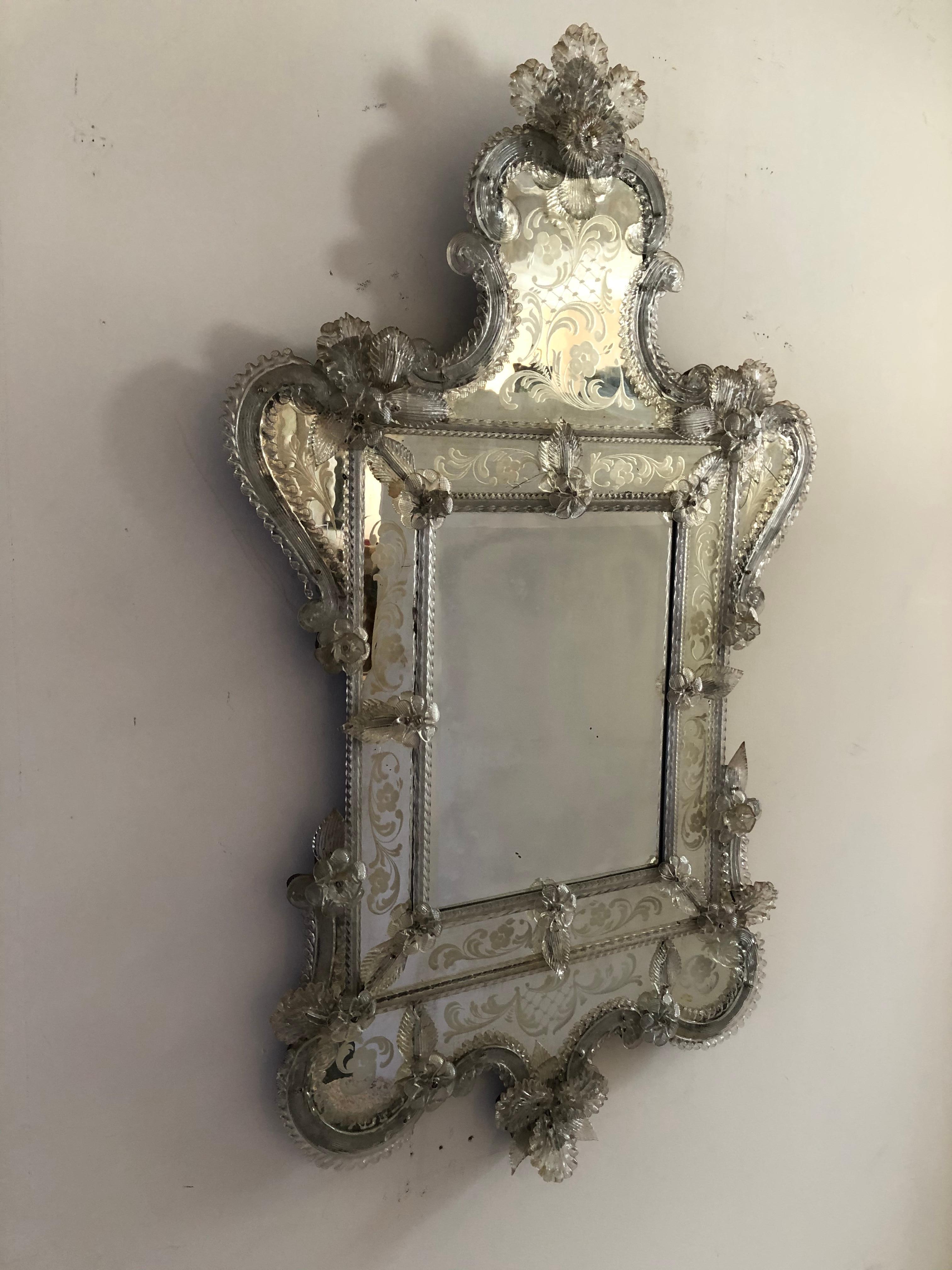 Rococo Venetian Antique Ornate Etched Decorative Mirror For Sale