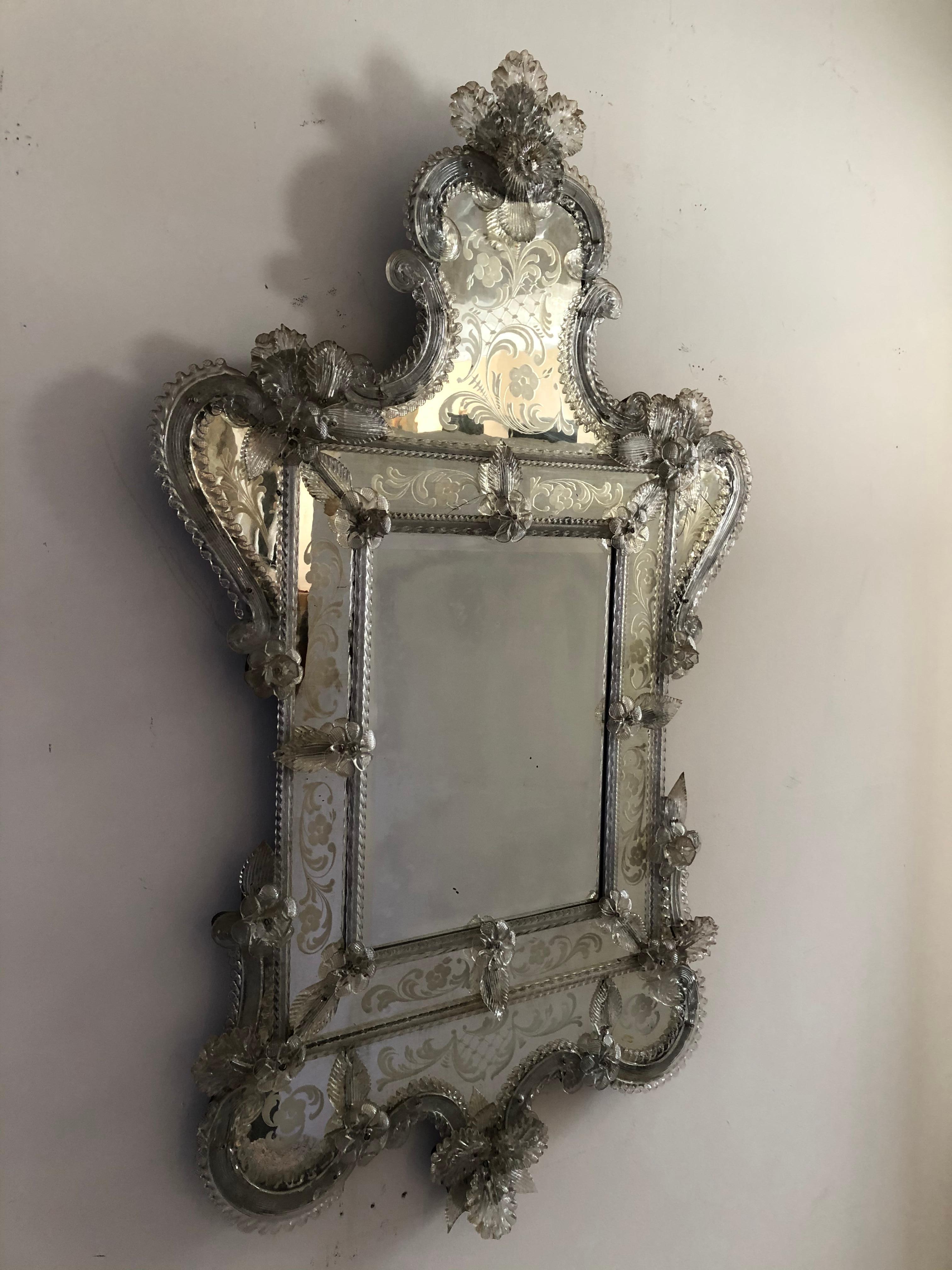 Italian Venetian Antique Ornate Etched Decorative Mirror For Sale