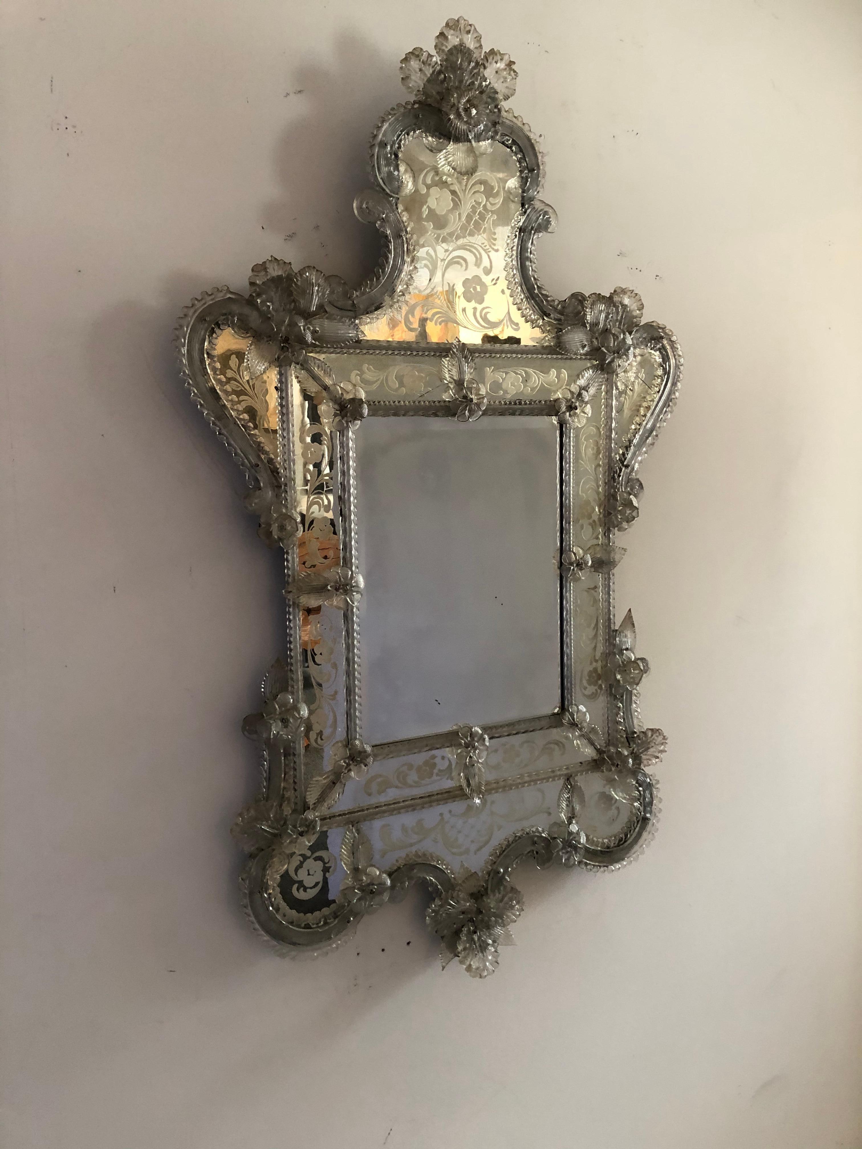 Hand-Crafted Venetian Antique Ornate Etched Decorative Mirror For Sale