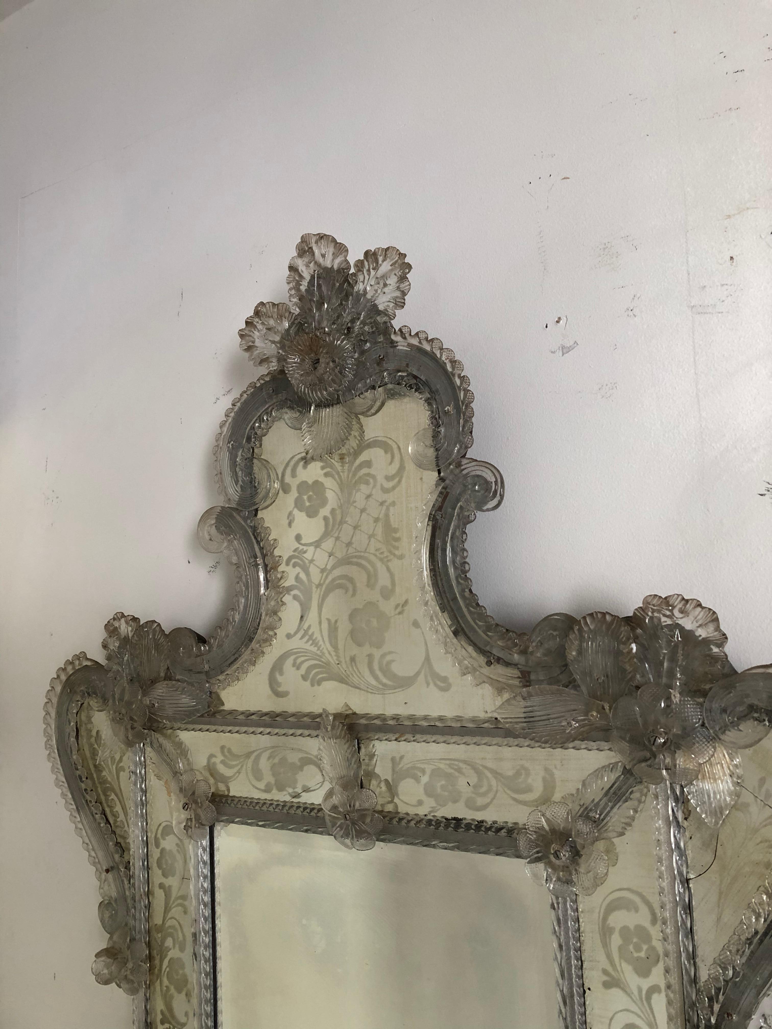 20th Century Venetian Antique Ornate Etched Decorative Mirror For Sale