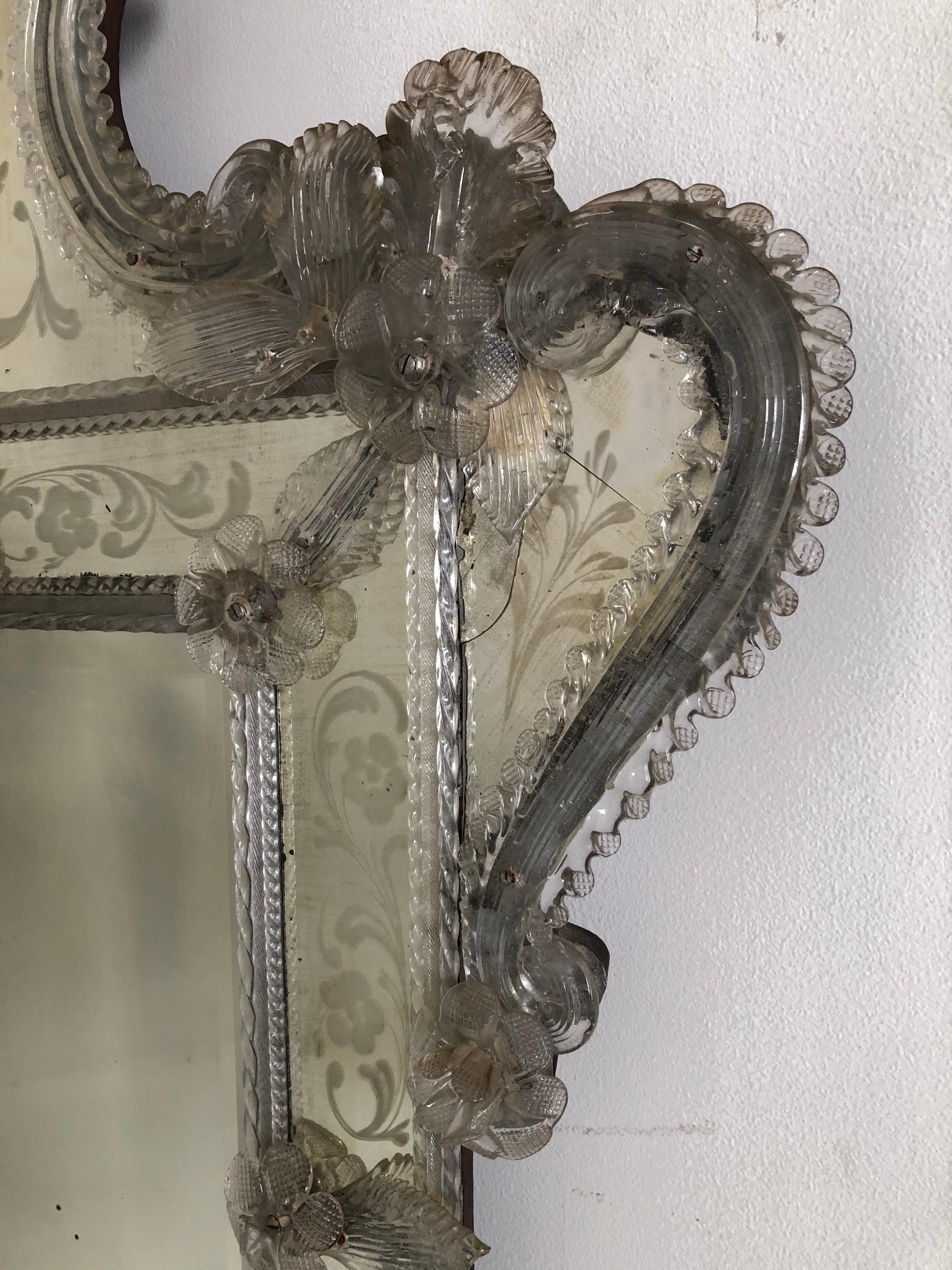 Mercury Glass Venetian Antique Ornate Etched Decorative Mirror For Sale