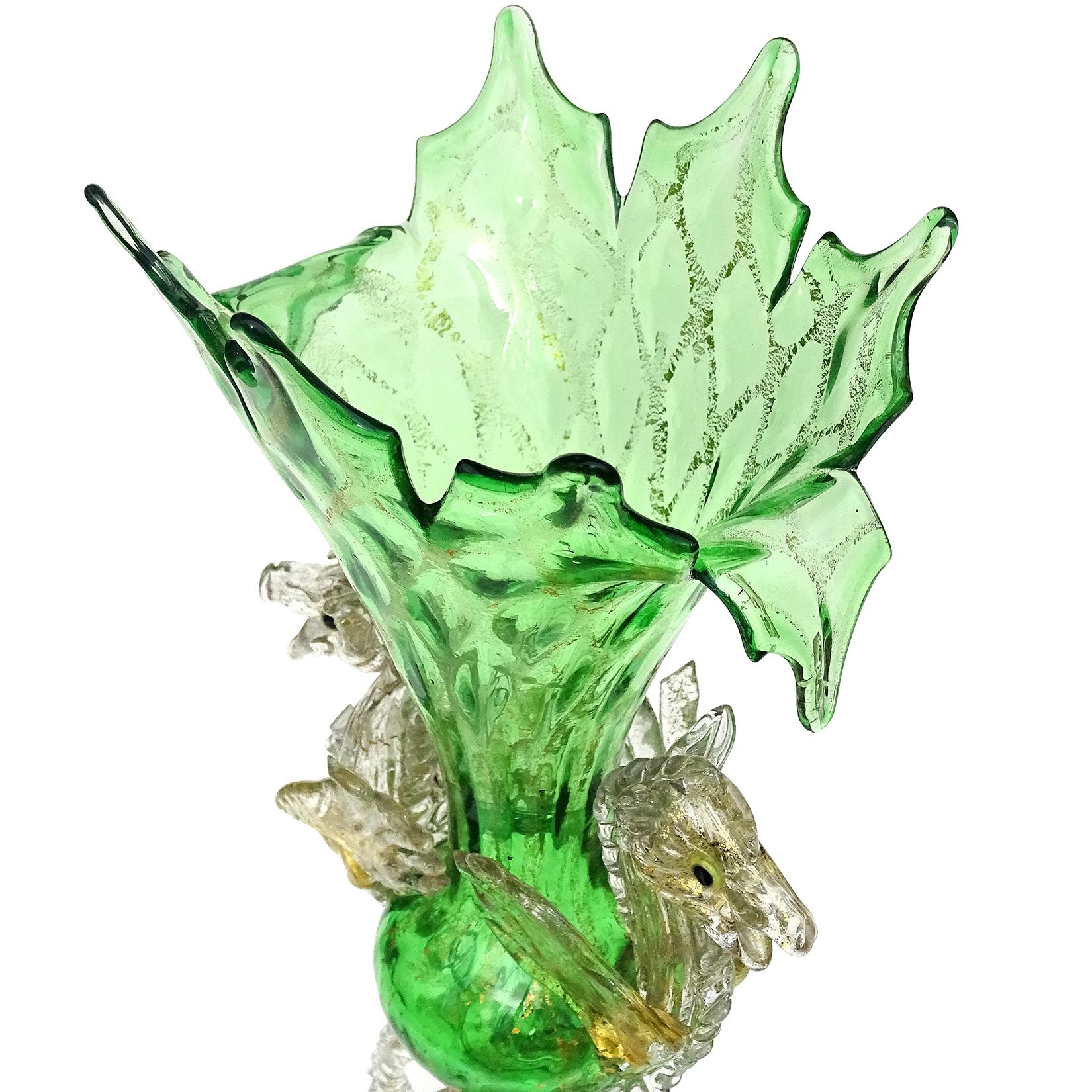 Victorian Venetian Antique Ornate Green Gold Flecks Pegasus Italian Art Glass Flower Vase