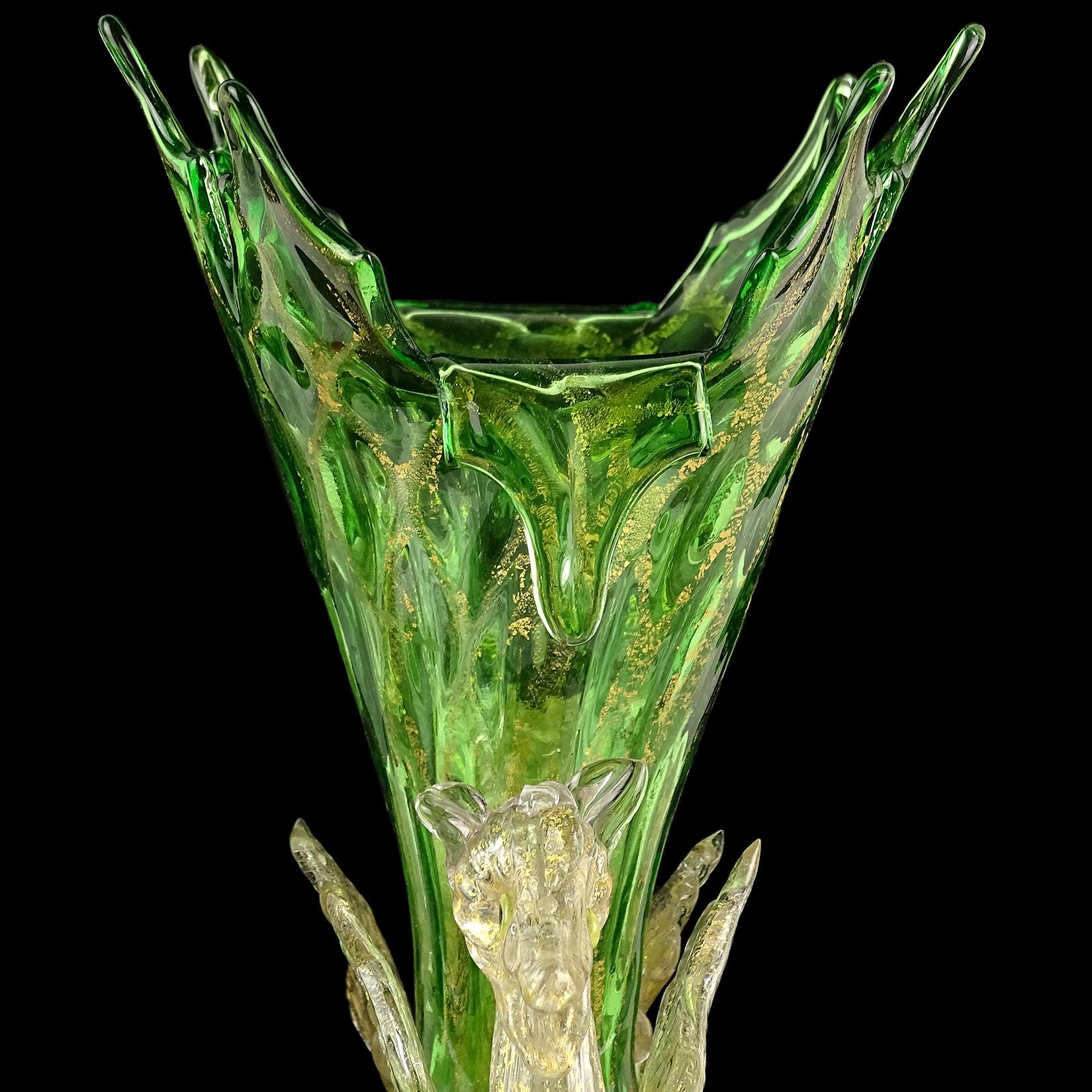 Hand-Crafted Venetian Antique Ornate Green Gold Flecks Pegasus Italian Art Glass Flower Vase