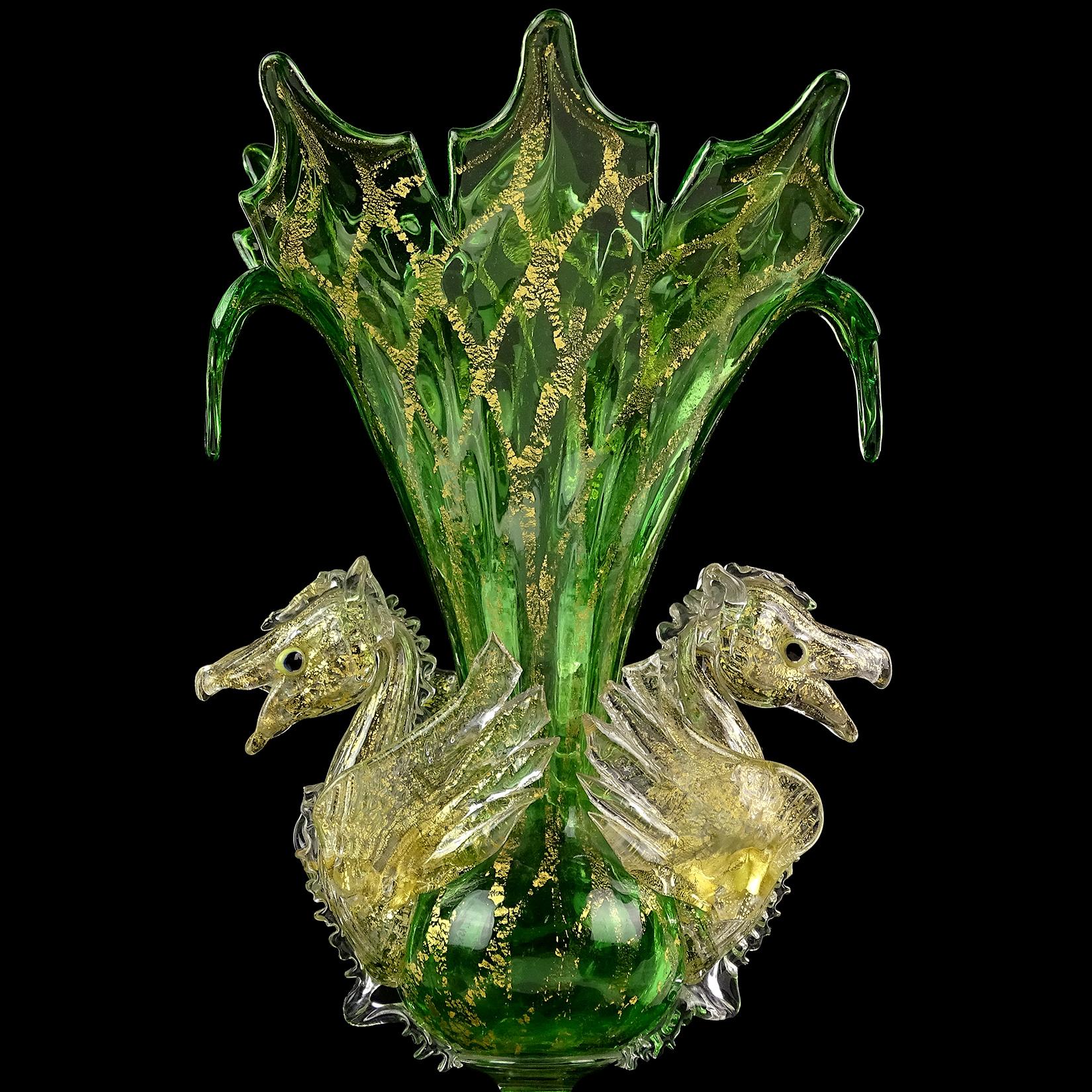 19th Century Venetian Antique Ornate Green Gold Flecks Pegasus Italian Art Glass Flower Vase