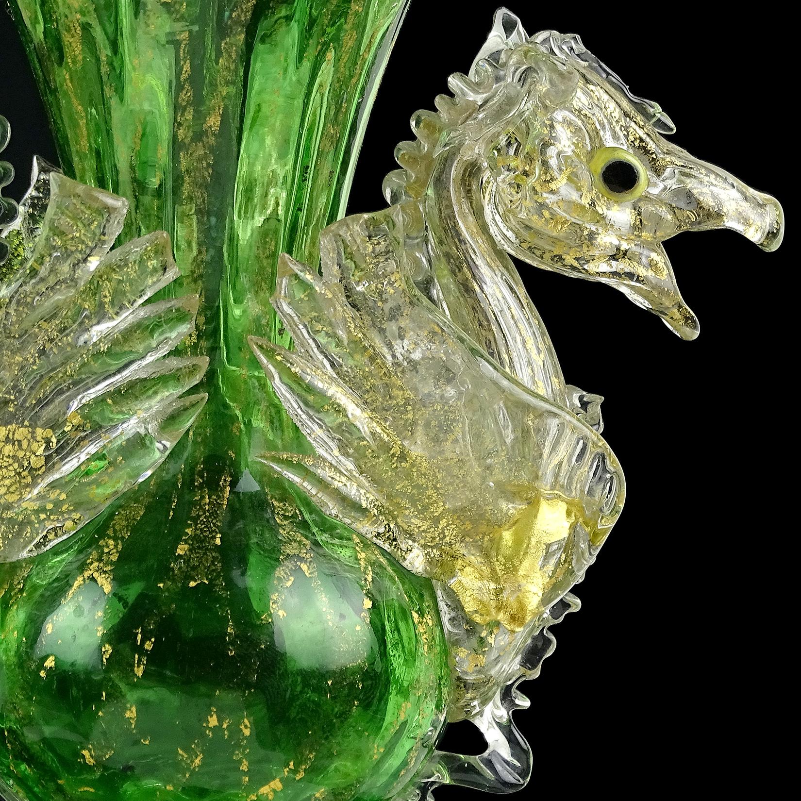 Venetian Antique Ornate Green Gold Flecks Pegasus Italian Art Glass Flower Vase 1